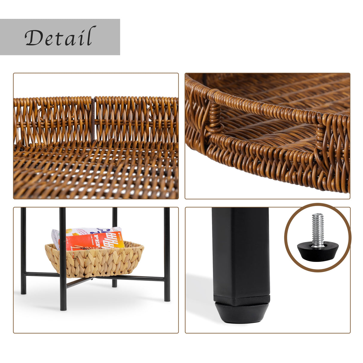Small Wicker Round End Table, 16.5 in Rattan End Tables with Removable Tray, Waterproof Sofa Coffee Side Table, Indoor Outdoor Side Tables for Patio, Living Room Bedroom Office DINGTAI