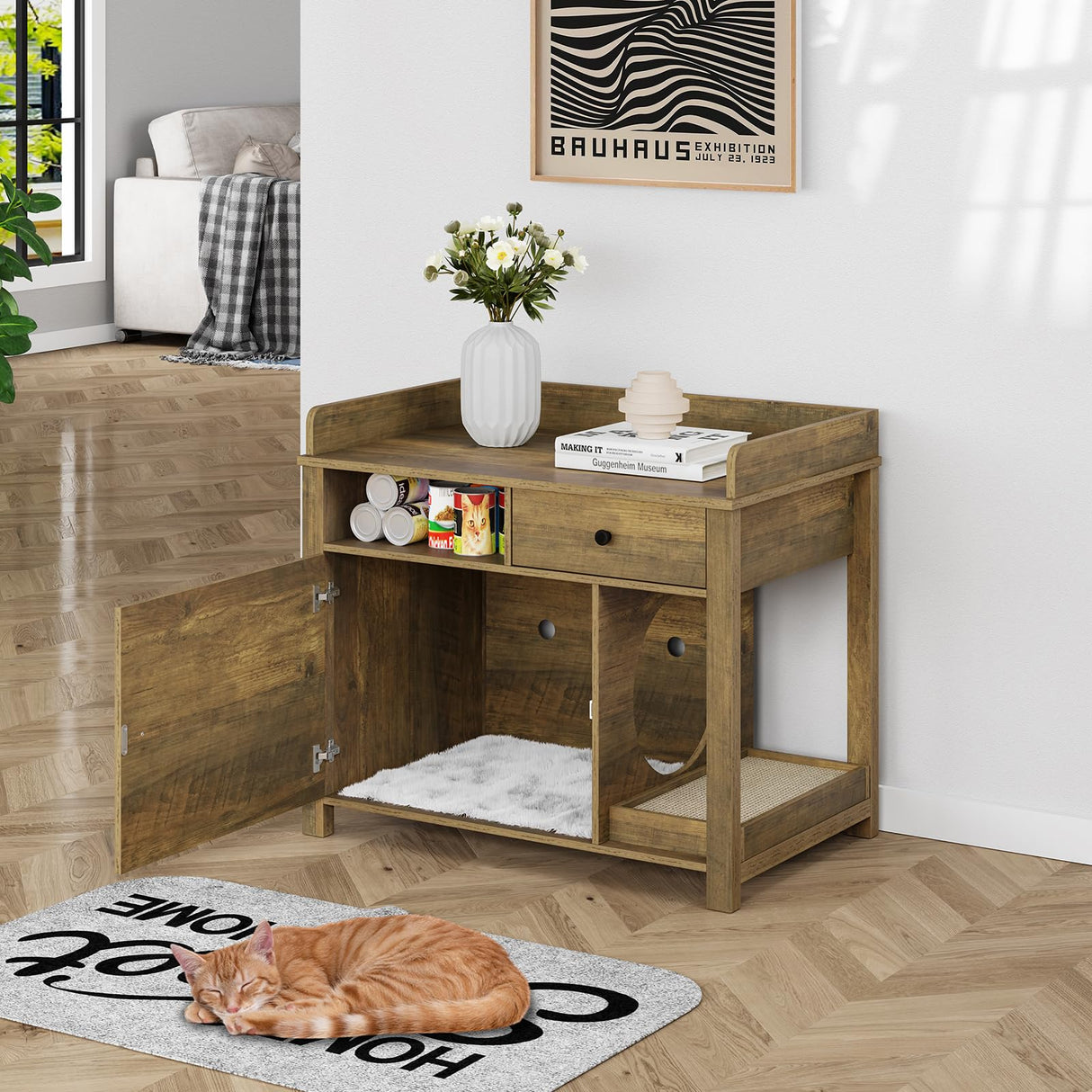 Cat Litter Box Enclosure Furniture,Llitter Box Enclosure with Shelves and Scratcher,Wooden Cat Litter Cabinet with Drawer,Cat Furniture Litter Box Lomojo