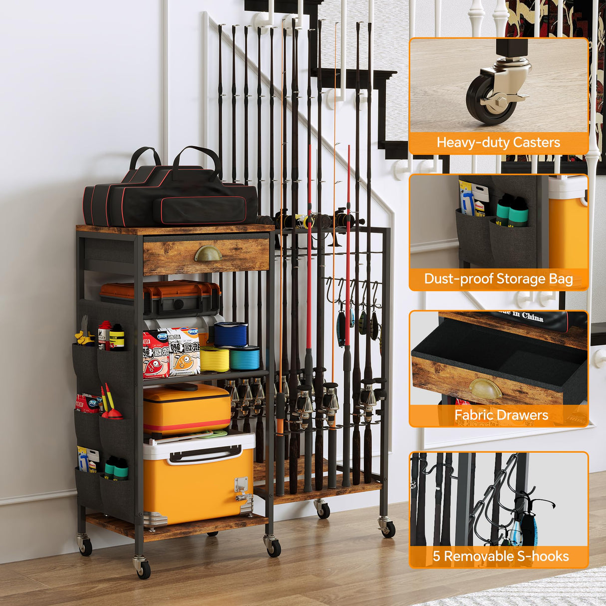 Homeiju Fishing Rod Holder, Fishing Pole Holders for Garage Boat Fishing Gear Storage with Drawer and Wheels, Holds 16 fishing rods for Home Entryway Corner,Rustic Brown Homeiju