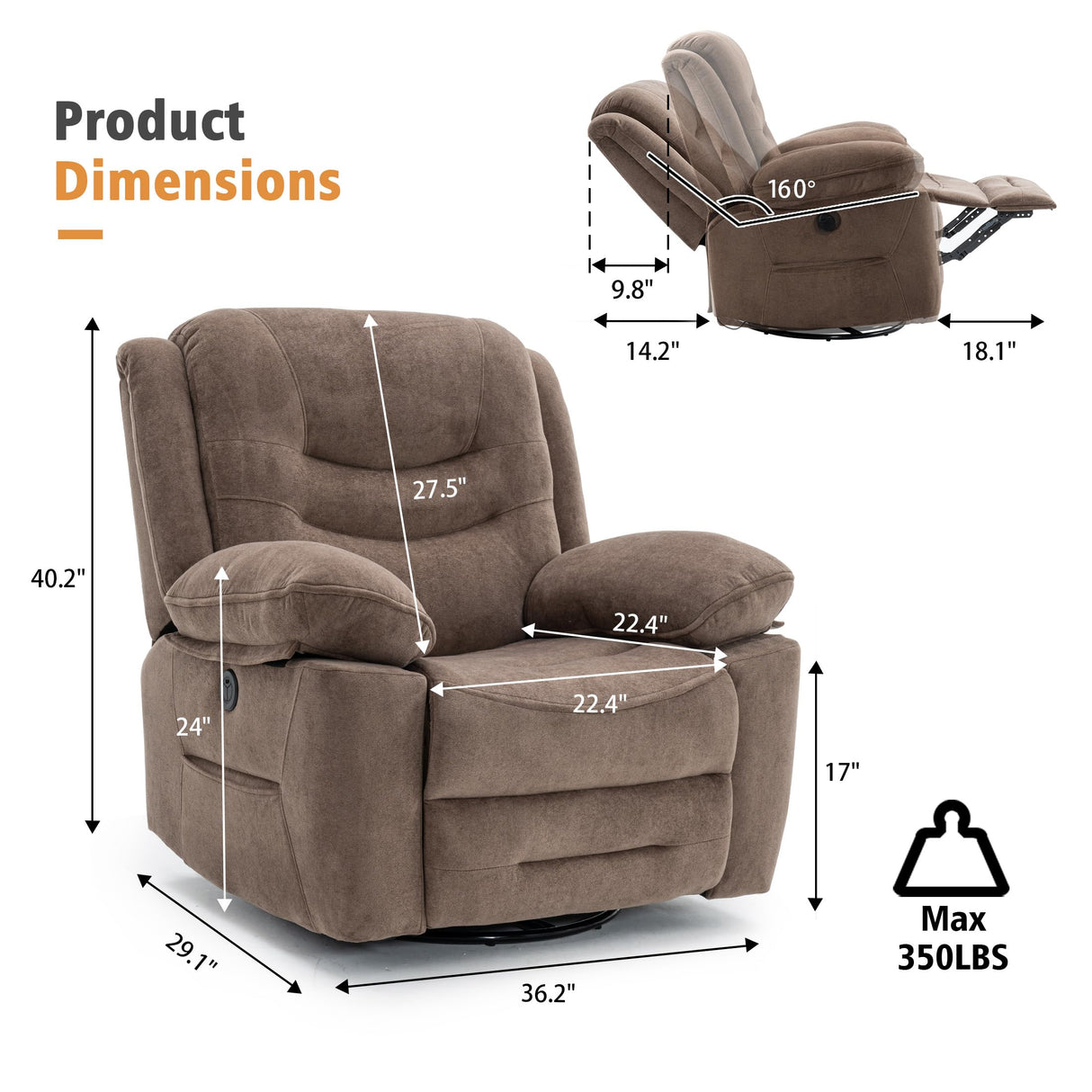 Ketaiyou Power Swivel Rocker Recliner with Massage and Heat, USB Port, Infinite Position, Overstuffed Electric Glider Rocking Chairs Living Room, Soft Fabric Reclining Sofa Chair(Mocha) Ketaiyou