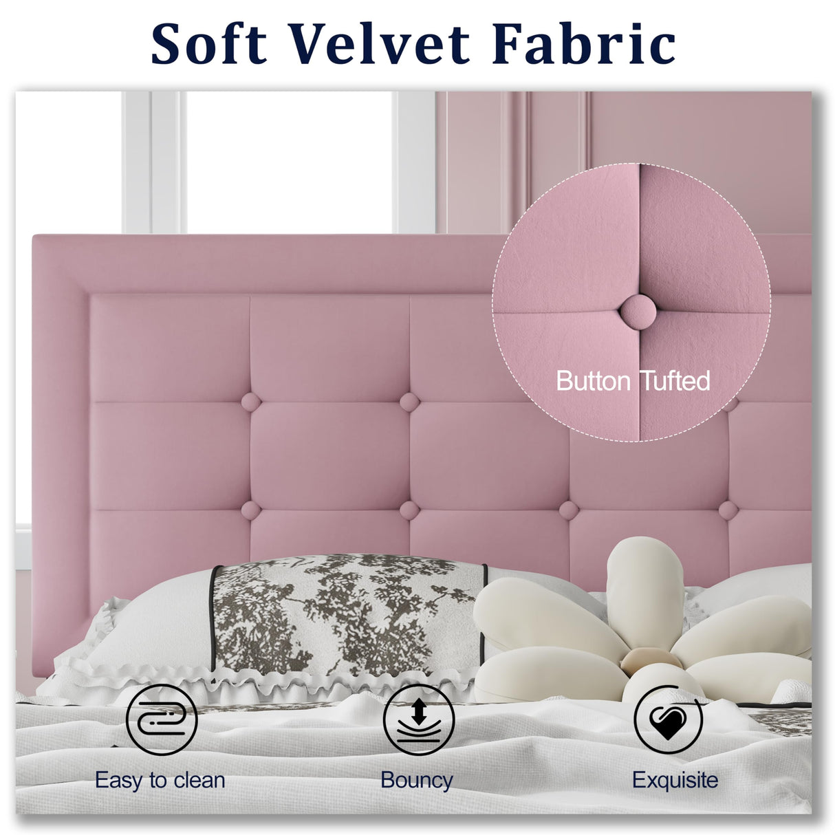 IOILORI Queen Size Upholstered Platform Bed, Queen Size Bed Frame with Tufted Button Headboard, Sturdy Frame Wooden Slats, No Spring Mattress Required, Noiseless, Easy to Assemble, Pink IOILORI