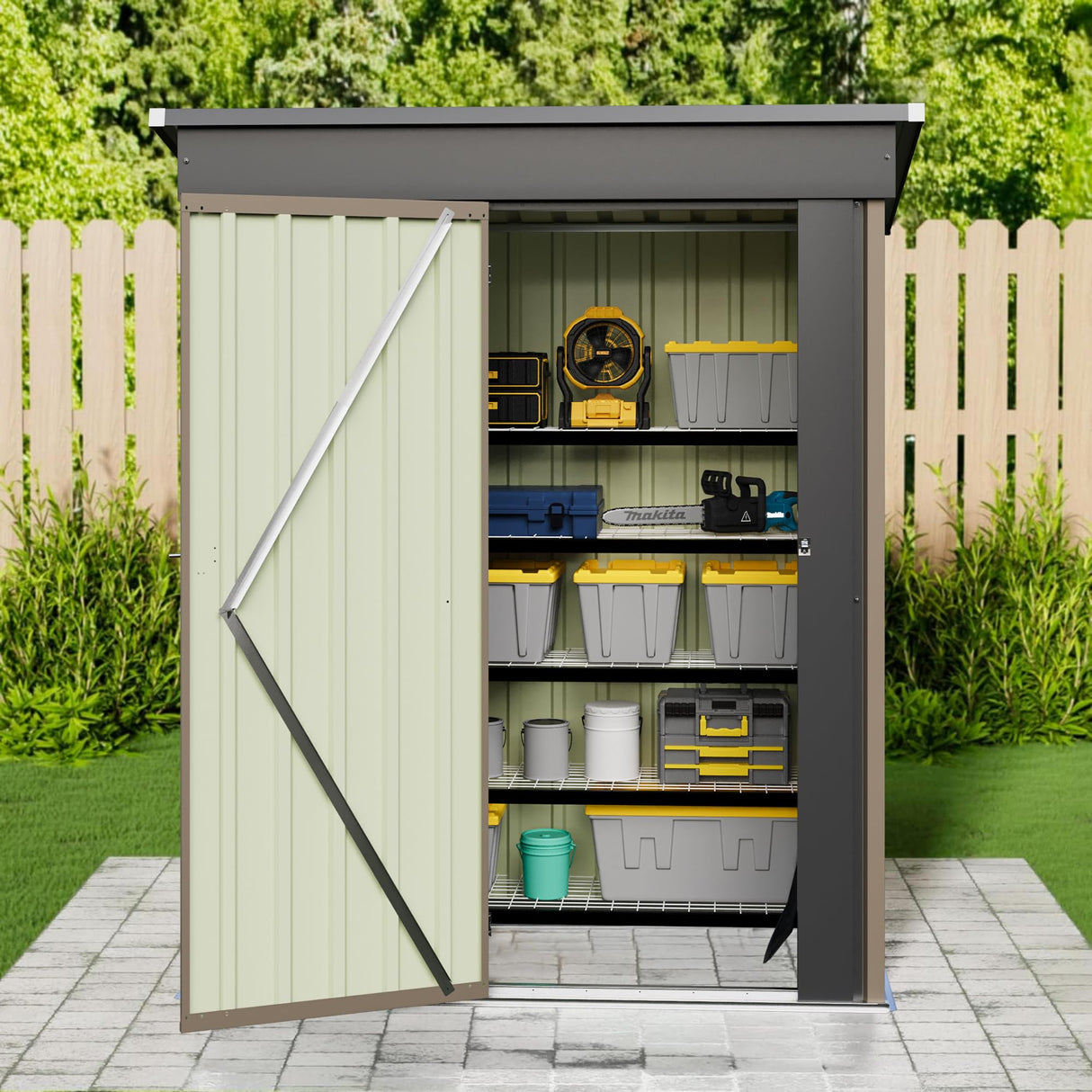 JUMMICO Metal Outdoor Storage Shed 5 x 3 FT Metal Shed with Lockable Door,Waterproof Garden Tool Shed Storage House for Backyard Patio Lawn, Brown JUMMICO
