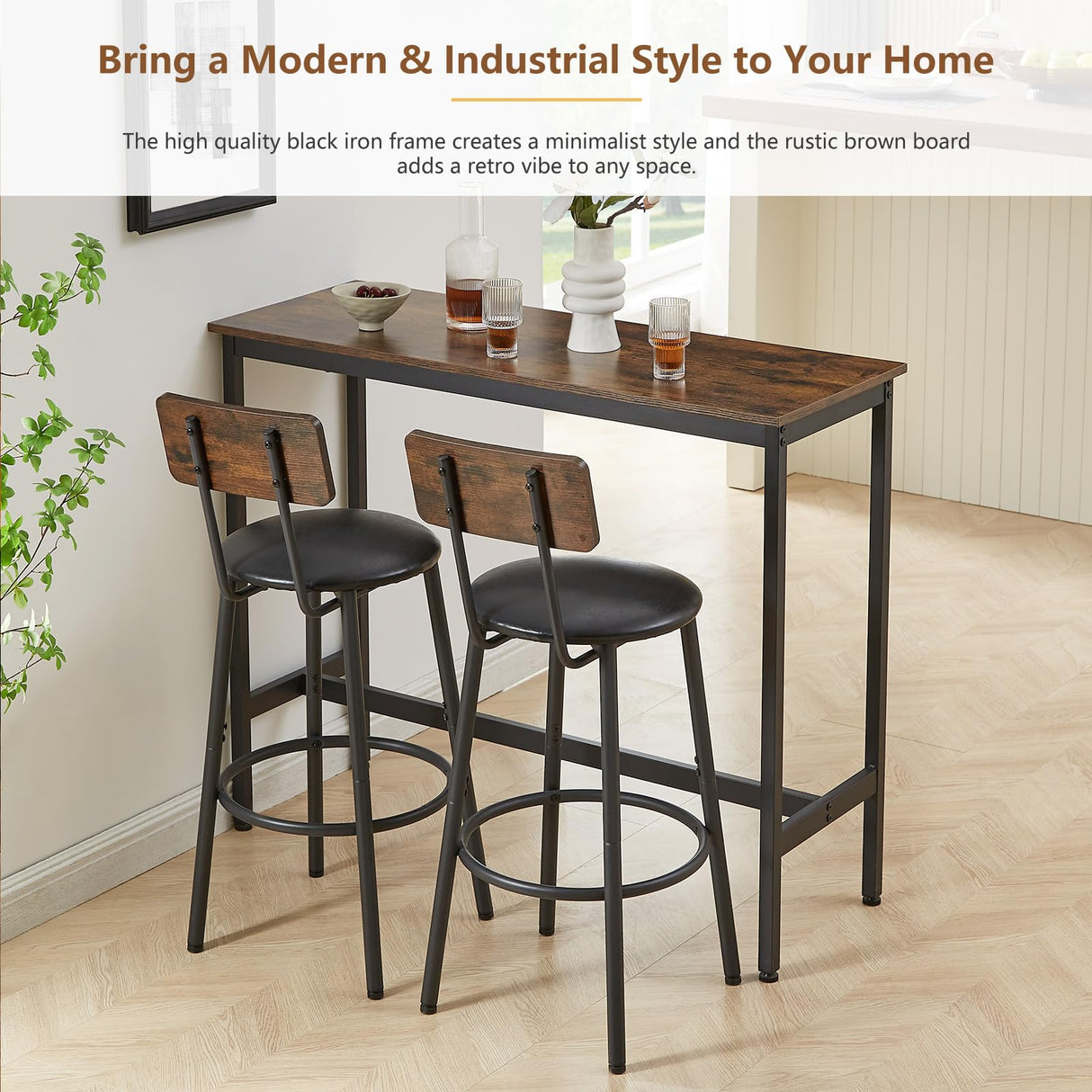 Tatub Industrial Bar Table and 2 Stools Set with PU Upholstery, Rustic Brown Finish Tatub