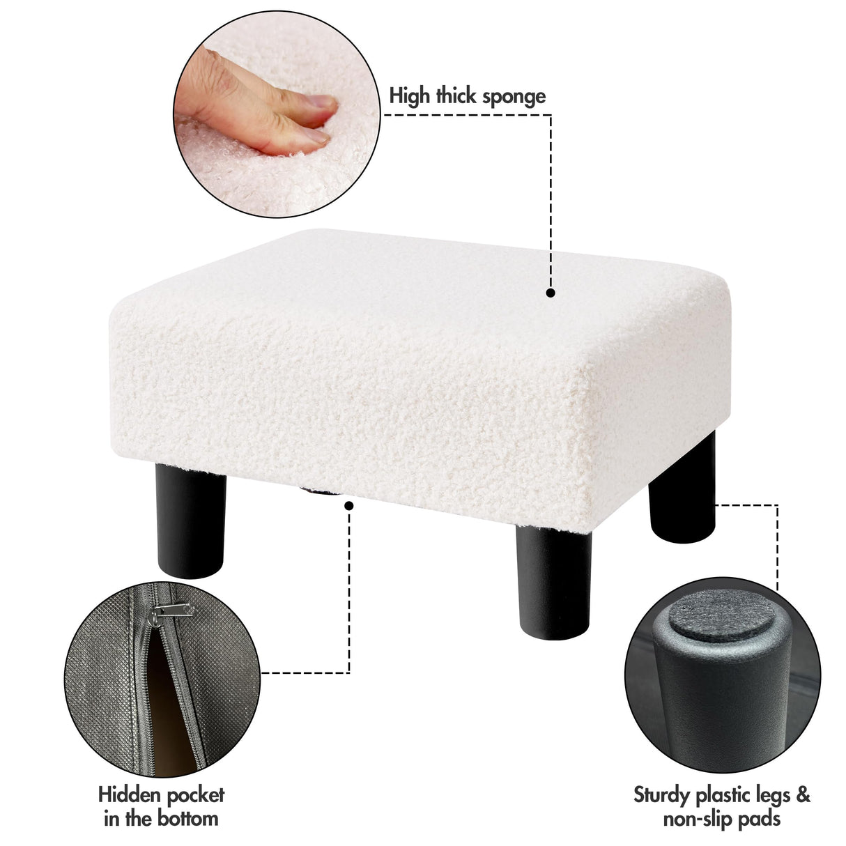 BRIAN & DANY Small Foot Stool Ottoman, Footstool with Legs, Teddy Velvet Foot Rest for Living Room, Bedroom and Office, White BRIAN & DANY