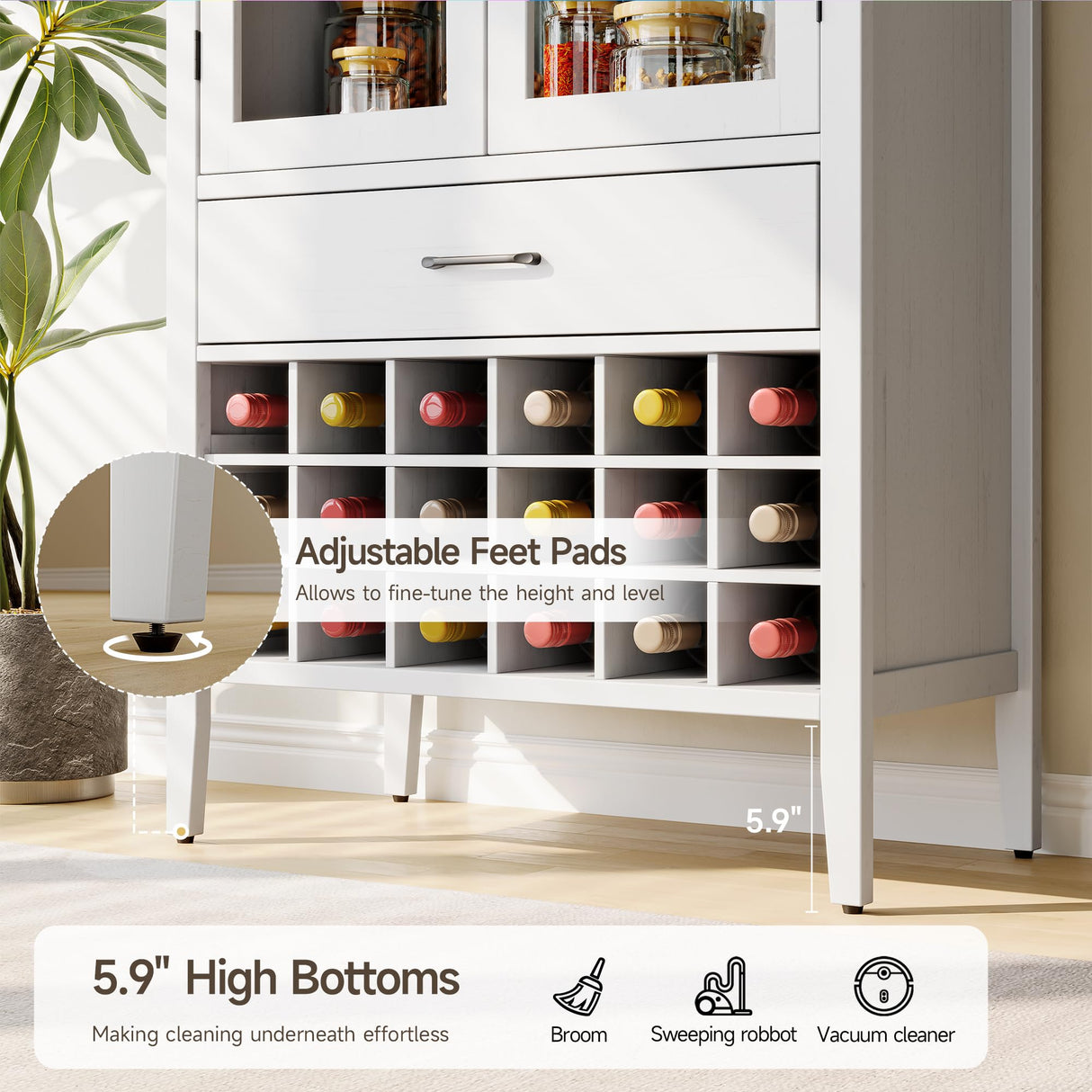 ONBRILL 71" Tall Wine Bar Cabinet, Arched Storage Cabinets with Door, Whiskey Station with Wine Rack and Glass Holder, Liquor Bar Cabinet for Home Kitchen Living Dining Room (Off White) ONBRILL