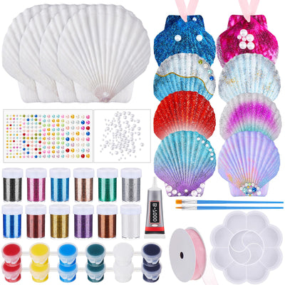 Rotatingpals 12 Pcs Sea Shell Painting Kit, Arts and Crafts Gifts, DIY Seashell Jewelry Craft Kits, Art Activity Gift for Birthday Party Jewelry Making Idea Gifts Summer Supplies