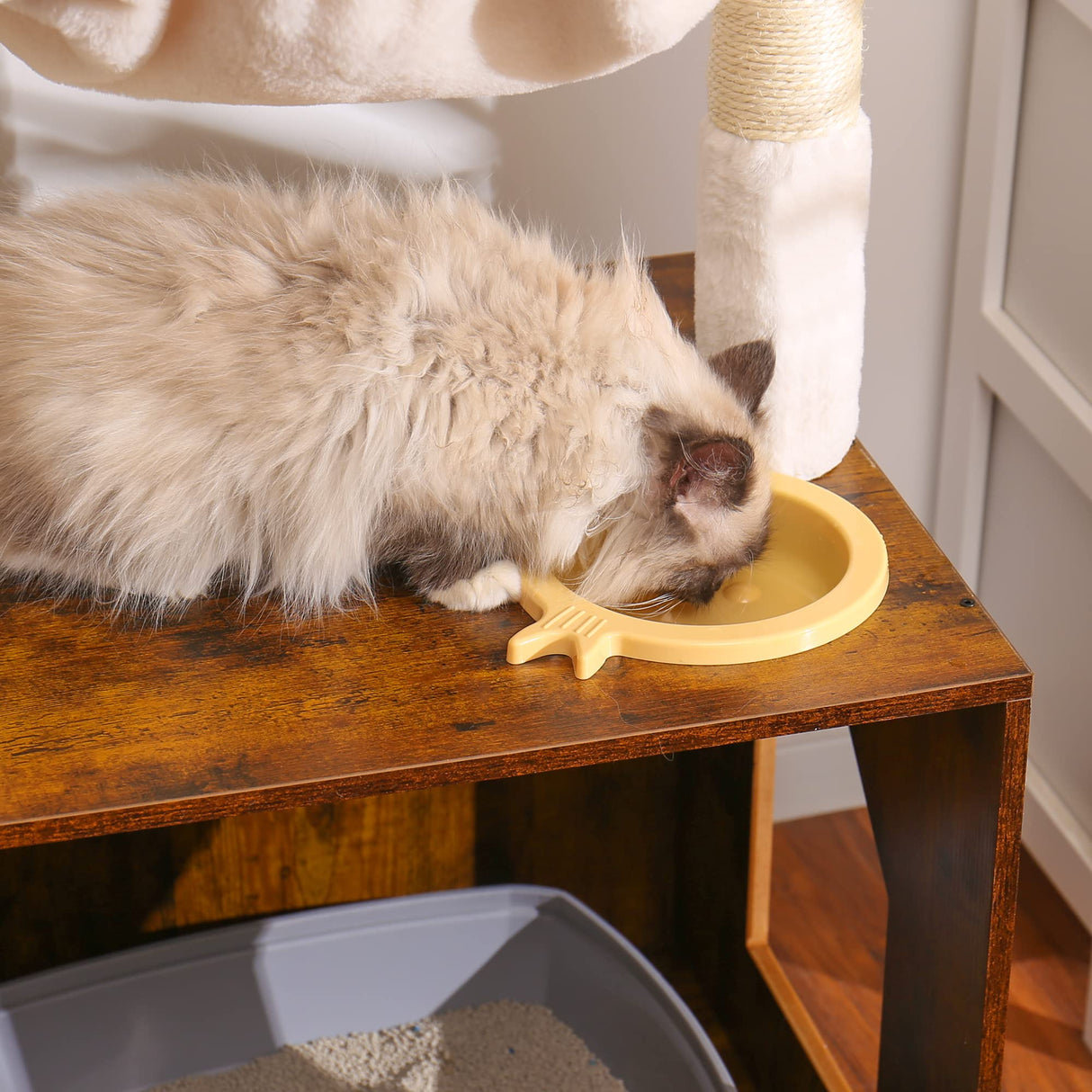 Hey-brother Cat Tree with Litter Box Enclosure, All-in-one Cat Tower for Indoor Cats with Large Hammock, Bed, Food Station, Scratching Posts, Modern Style Pet Furniture, Rustic Brown MPJ100SR Hey-brother