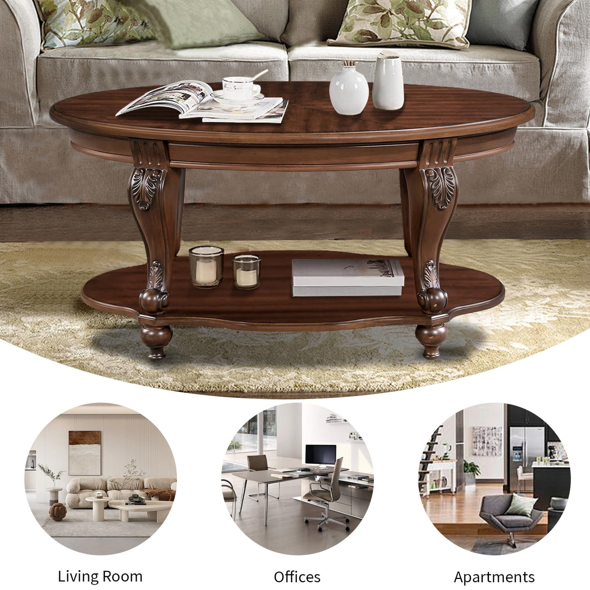 YWUFUART 42" Wood Coffee Table for Living Room Oval Coffee Table with Storage Shelf, Antique Table Legs with Elegant Carvings, Easy Assembly, Cherry YWUFUART