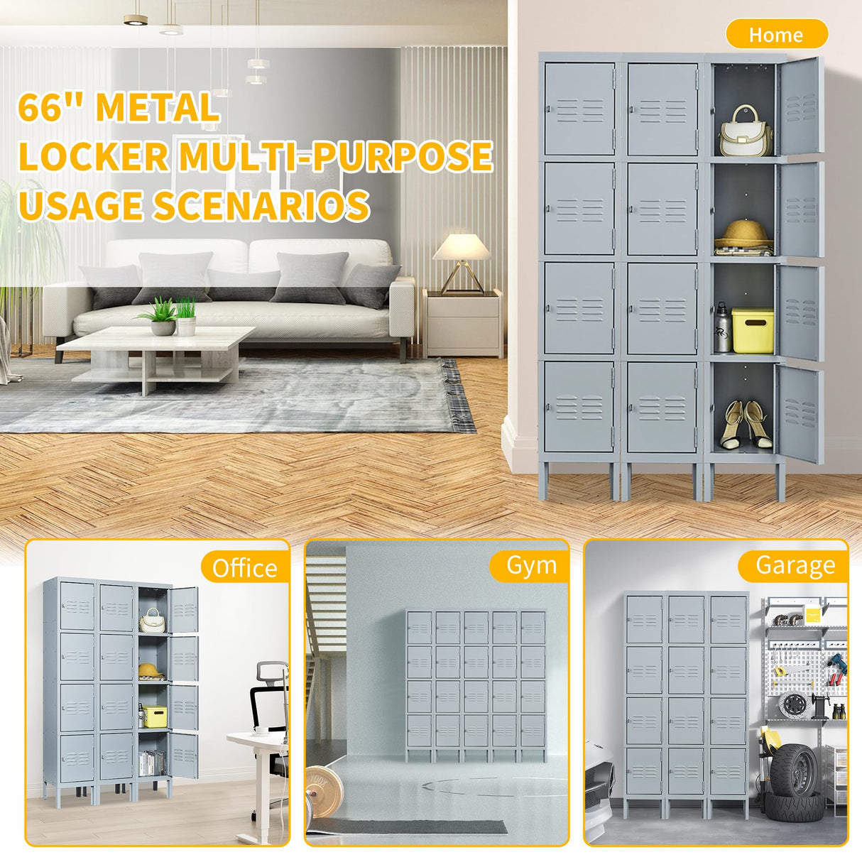 Reegangfa 4 Doors Metal Locker Locking Storage Lockers for Employees, 66" H Home Office Gym Cabinet Steel Wardrobe, for Office Home School Staff Assembly Required Reegangfa