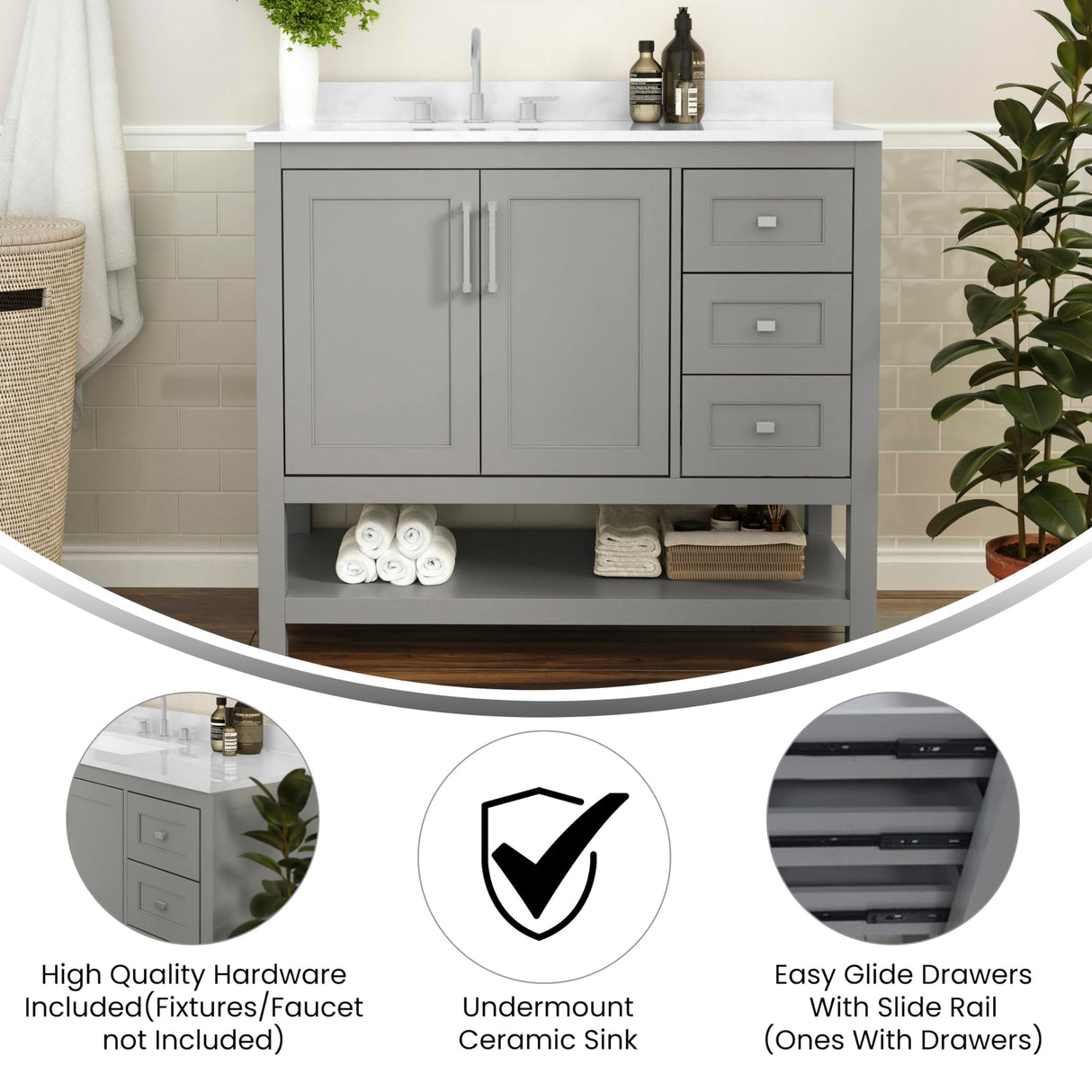 EMMA + OLIVER Vesta 42 Inch Bathroom Vanity, Single Sink Cabinet with 2 Soft Close Doors, Open Shelf and 3 Drawers, Carrara Marble Finish Countertop, Gray EMMA + OLIVER