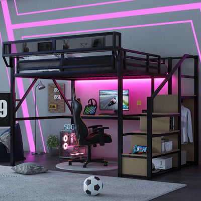 Queen Size Gaming Loft Bed with Stairs and Desk, Metal Loft Bed Frame with Bedside Shelf and Light, Heavy-Duty Adults Lofts Beds with Storage Wardrobe & Charging Station, Black