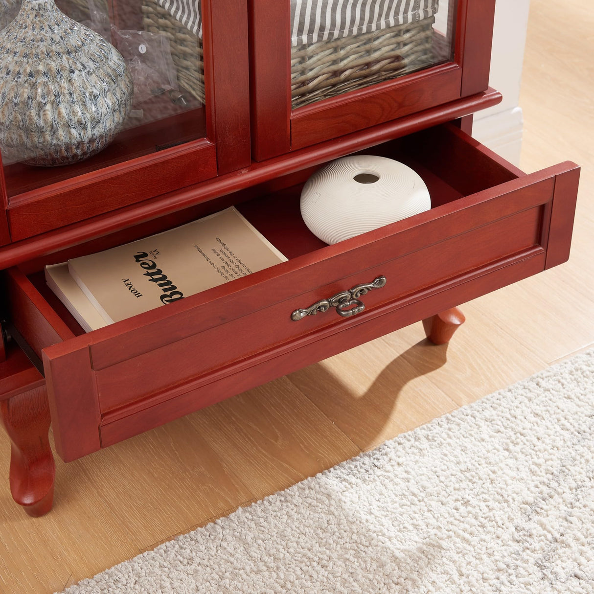 KEIKI Lighted Glass Display Curio Cabinet, 49" Tall Display Case with Adjustable Glass Shelves and Mirrored Back Panel for Living Room, Kitchen, Light Blub Included, Cherry KEIKI