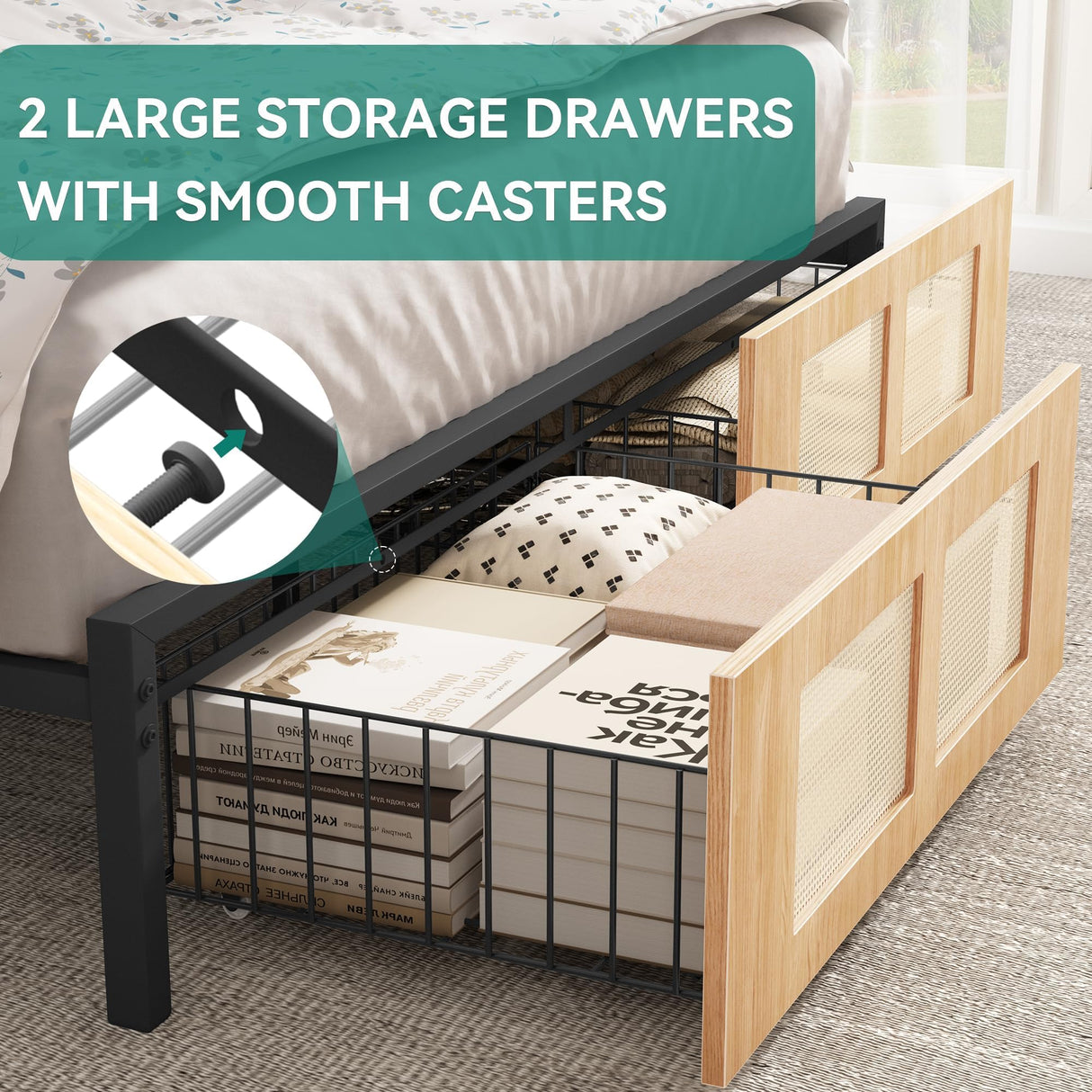 YITAHOME Natural Rattan Bed Frame King Size with Headboard and 2 Storage Drawers Underneath, Boho Cane Bed Platform Bed with Metal Slat, Noise Free, No Box Spring Needed YITAHOME