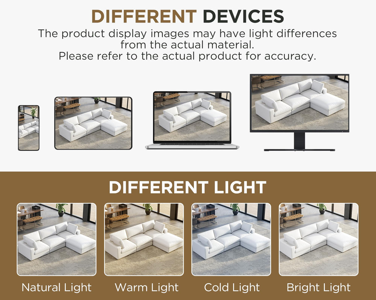 PaPaJet 114" Modular Cloud Couch, Oversized Down-Filled Sectional Sofa with Chaise and Ottoman, 4-Seater L-Shaped Sofa in White Linen for Living Room PaPaJet