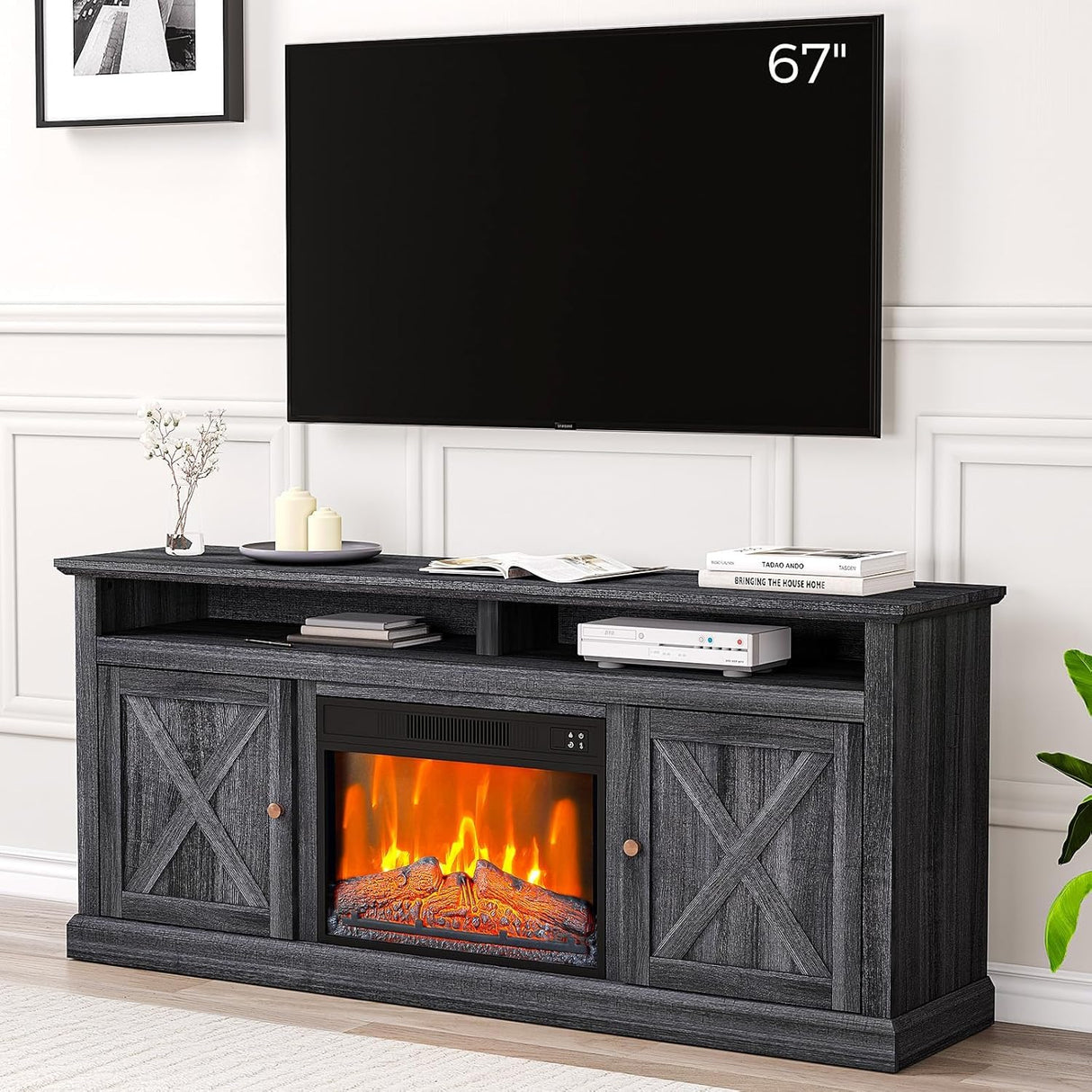 Electric Fireplace, Fireplace TV Stand for Television up to 58" Heater TV Stand, Freestanding Electric Fireplace Heater, Adjustable Flame, Fireplace Insert with Remote Control & Storage Cabinets Takywep