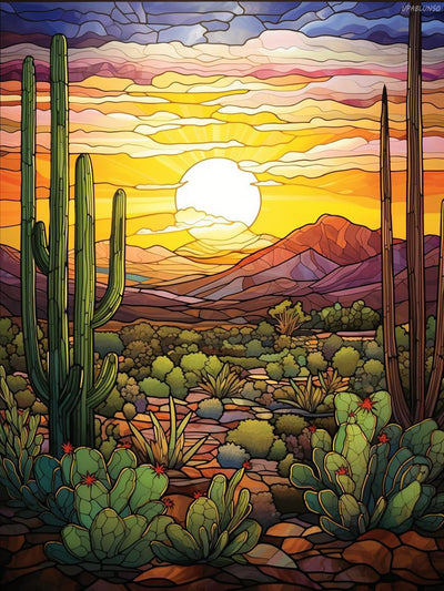 Stained Glass Desert Landscape Cactus Sunset 5D Diamond Art Painting Kits Round Full Drill DIY Paint by Diamond Number Kits for Beginners Crystal Cross Stitch Diamond Art Wall Decor 12x16inch