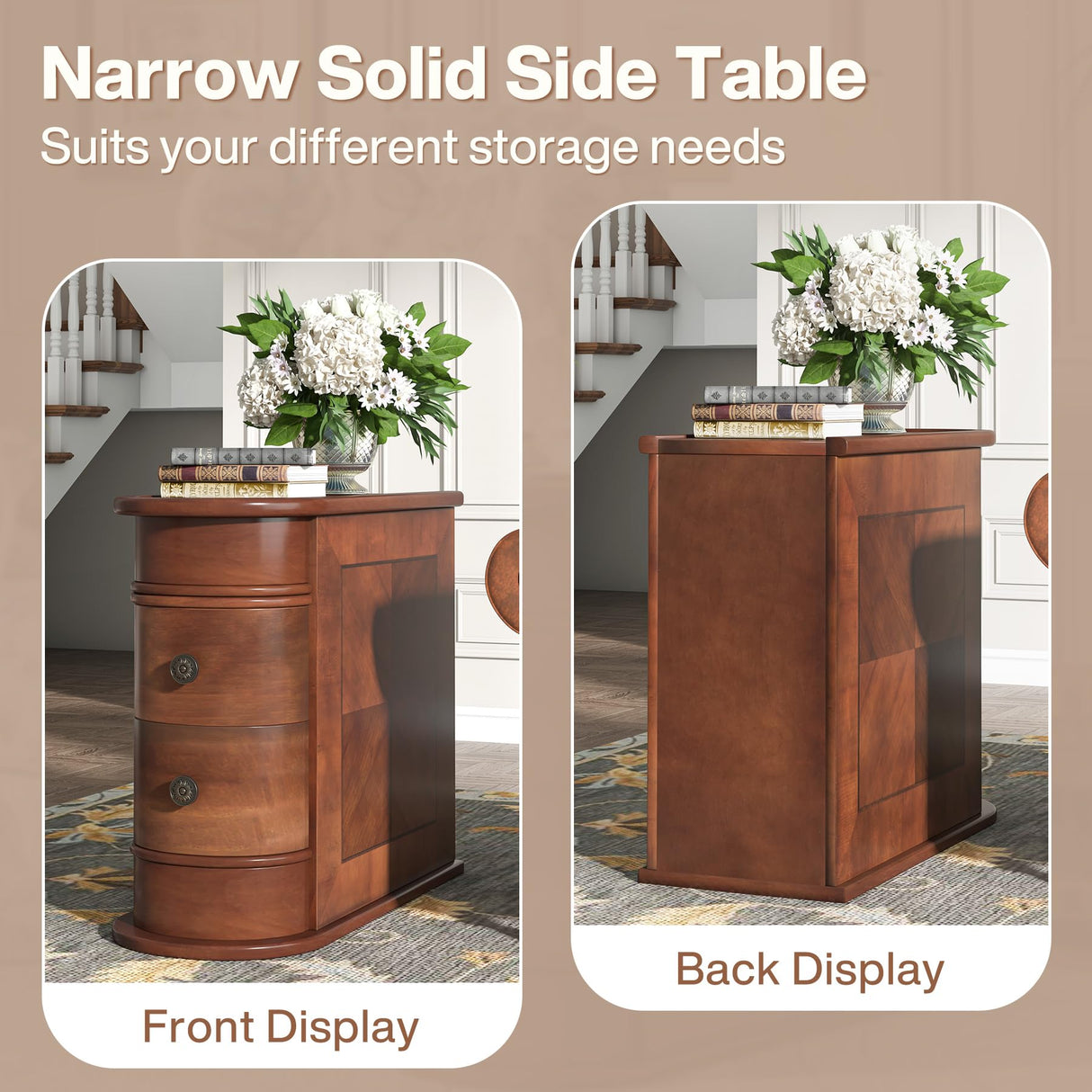 Tribesigns Wood End Table Set of 2, Narrow Solid Side Table 2-Drawer Slim Chair Side Table, No Assembly Required, Finished Back, Walnut Tribesigns