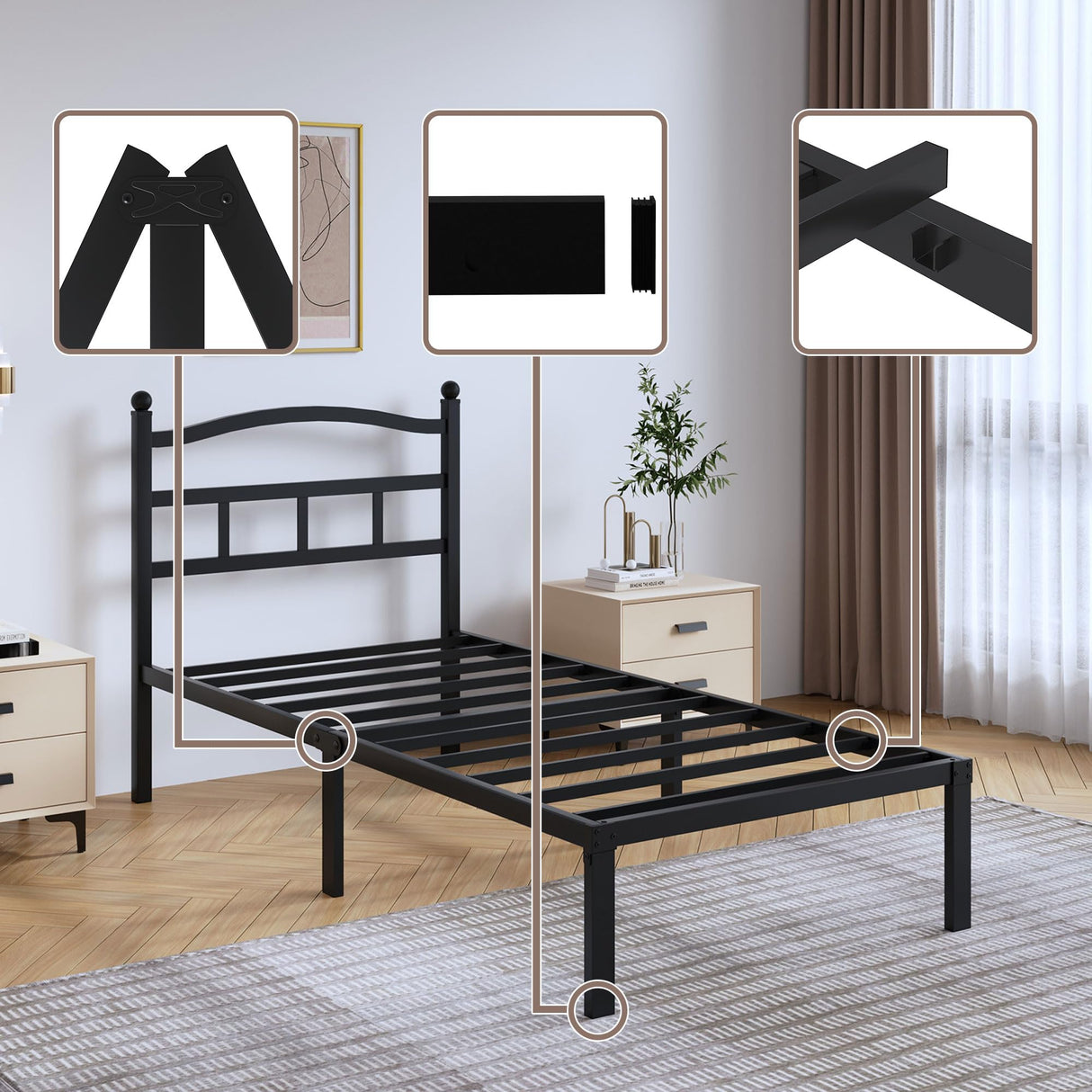SHOANED 14 Inch Metal Bed Frame - Twin Size Heavy Duty Bedframe with Headboard Black Basic Steel Slats Platform No Box Spring Needed/Easy Assembly/Noise Free SHOANED
