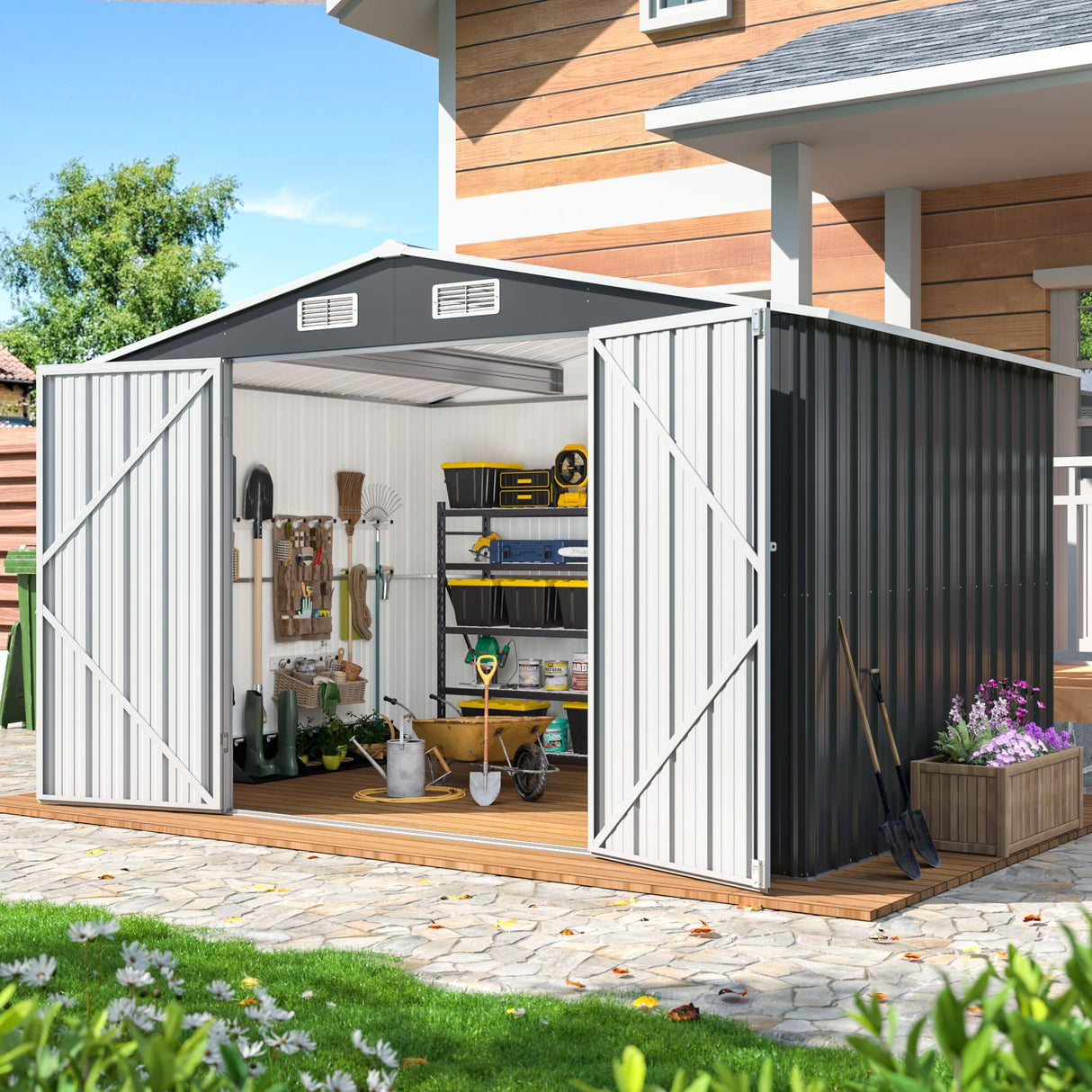 YADSUNY 10x8 FT Outdoor Storage Shed, Metal Garden Tool Shed with Updated Frame Structure and Lockable Doors, Ideal for Backyard Garden Patio Lawn, Grey YADSUNY