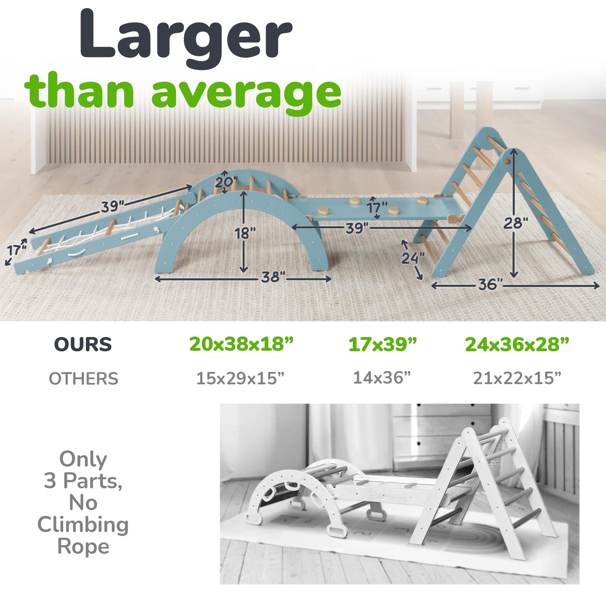 Ocodile Extra-Large 6-in-1 Pikler Triangle Climbing Set – Oversized Montessori Climbing Toys for Toddlers – Spacious Indoor Wooden Play Gym for Kids Ages 2-6 – Blue Ocodile