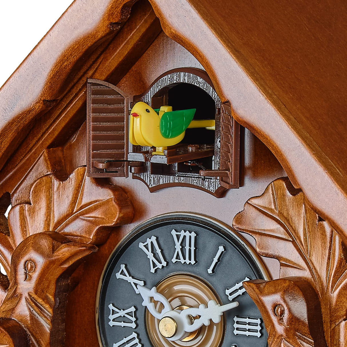 TIMEGEAR Cuckoo Clock with Night Mode, Singing Bird, Wooden Decorations and Swinging Pendulum (Brown) TIMEGEAR