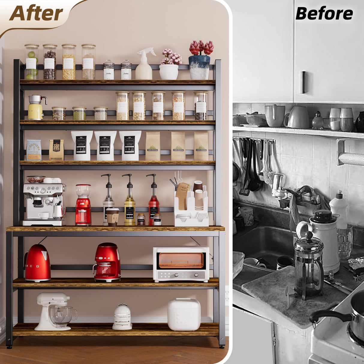 Aquzee Bakers Racks for Kitchens with Storage, 6 Tiers Large(47.2“W x 15.7”D x 70.8" H) Kitchen Stand with Hutch, Freestanding Organizer with Shelves,Rustic Brown Aquzee