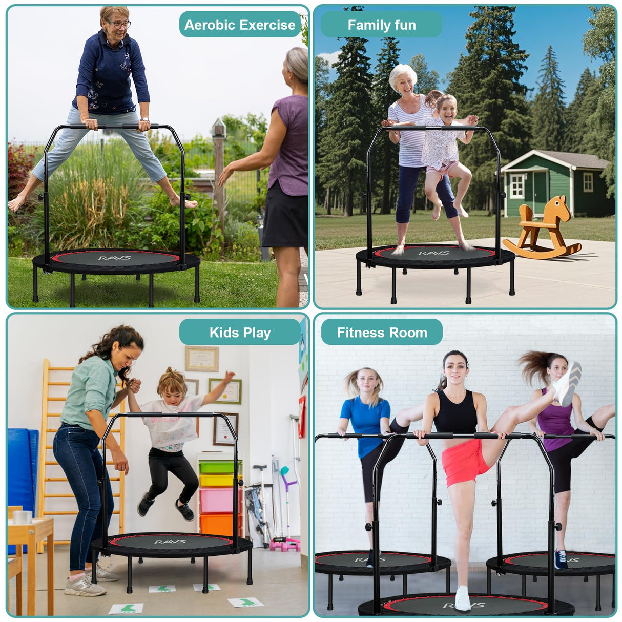 RAVS Mini Trampoline for Kids Adults 40"/48" Foldable Fitness Rebounder Kids Trampoline with 5 Levels Height Adjustable Handle Resistance Bands Indoor Workout RAVS