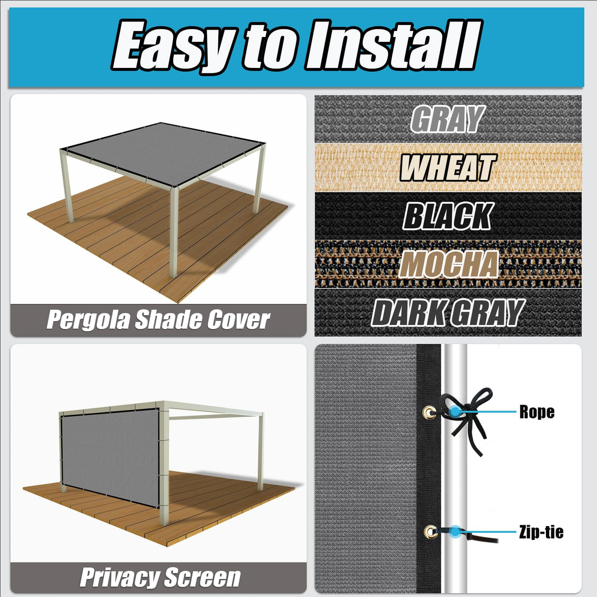 Amagenix 90% Pergola Shade Cover 18'X 18' Light Grey Sun Shade Cloth with Grommets GN01 for Outdoor Garden Patio Porch, Commercial Grade 200 GSM - Cable Zip Ties Included (We Customized) Amagenix