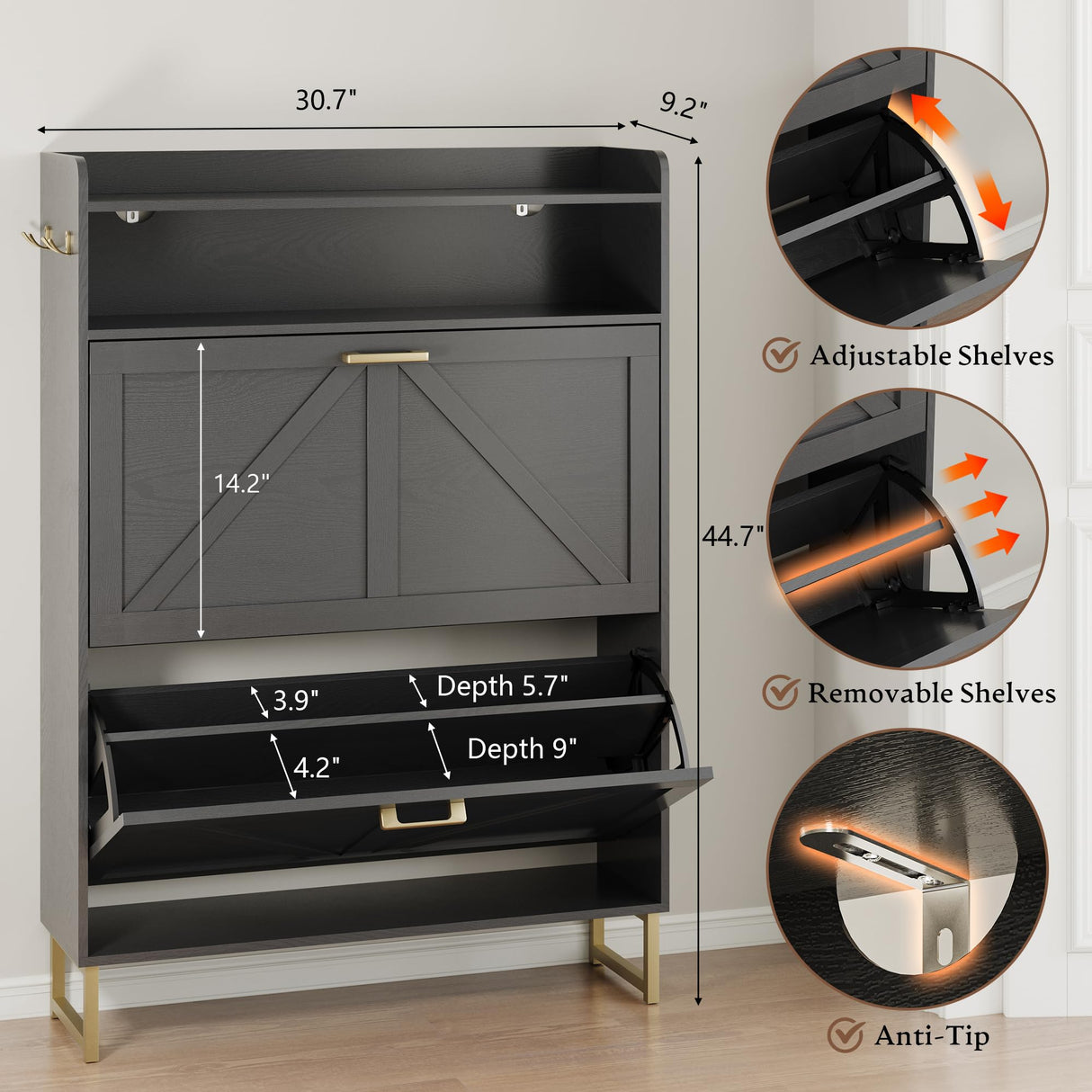 BORNOON Shoe Cabinet with 2 Flip Drawers Narrow Shoe Storage Cabinet Organizer Wooden Freestanding Rack Hidden Slim Storage for Entryway, Hallway, Living Room, Bedroom (Black) BORNOON