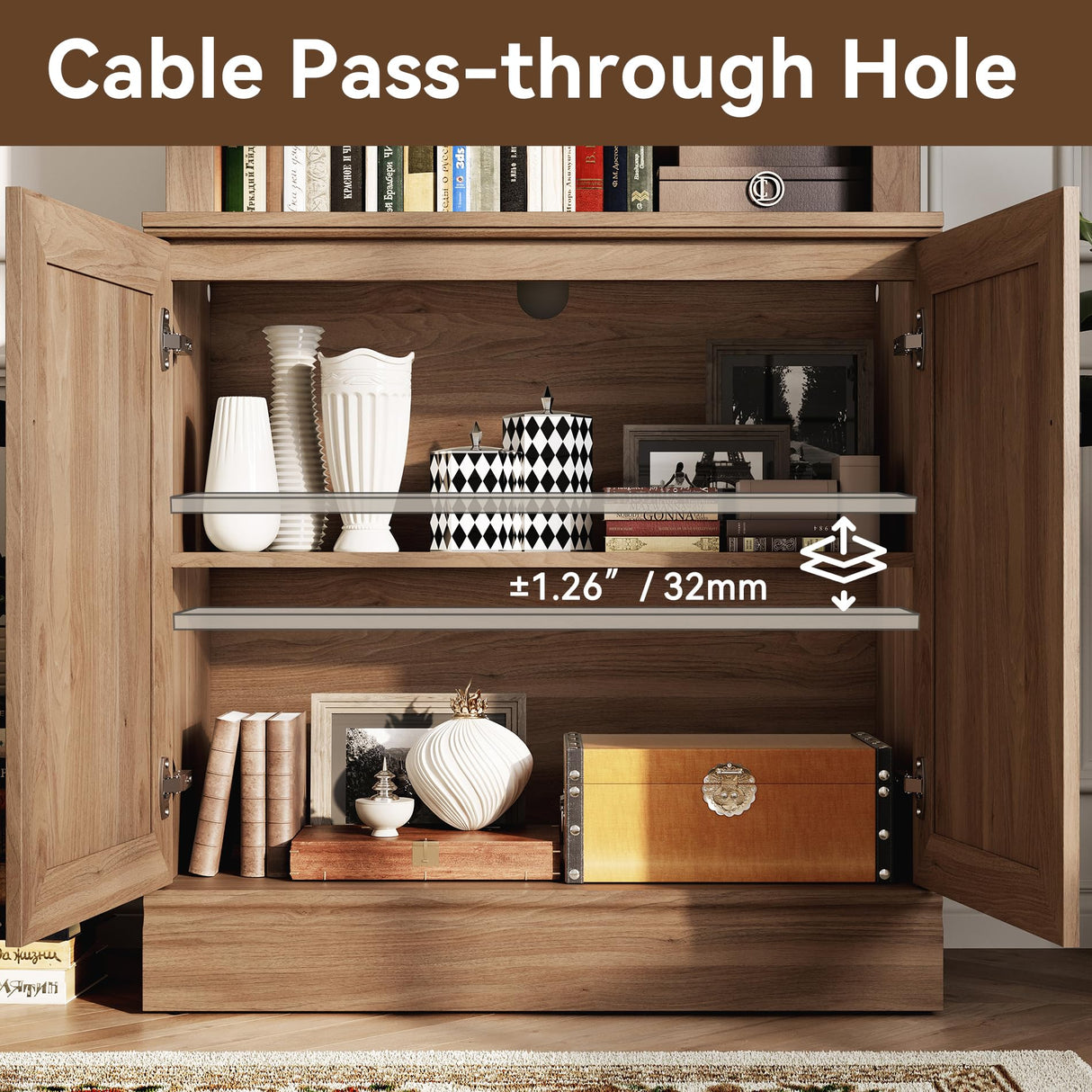 FENSULN 72 in Tall Bookshelf 5 Tiers Bookcase with Adjustable Shelves, Oak Bookcase with Storage Cabinet, Wood Freestanding Display Bookshelves for Home Office,Bedroom, Living Room(Pack 2) FENSULN