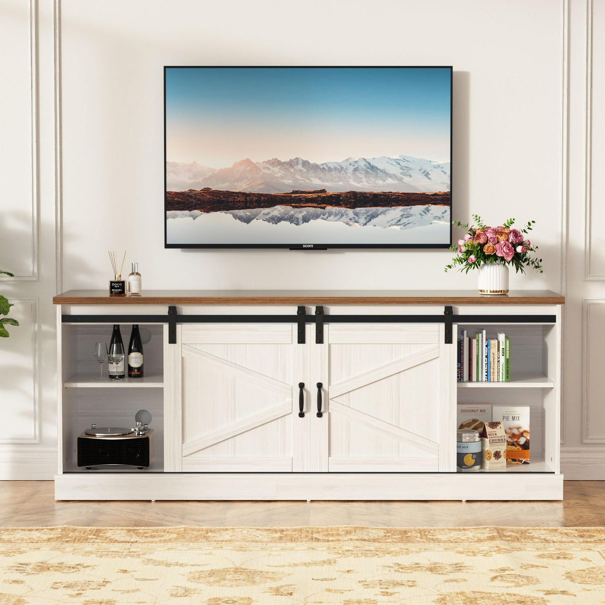 Trumbeak Farmhouse TV Stand for Televisions up to 75 Inchs,Entertainment Center with Sliding Barn Doors and Storage Cabinets,Modern Media TV Console Table for Living Room,Bright White Trumbeak