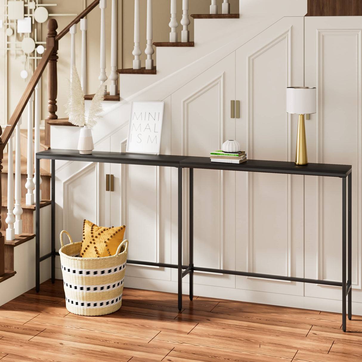 SONGXIN 70.9" Console Table,Modern Extra Narrow Long Sofa Table Behind Couch,Skinny Entry Table with Black Metal Frame for Living Room, Hallway,Classic Black SONGXIN