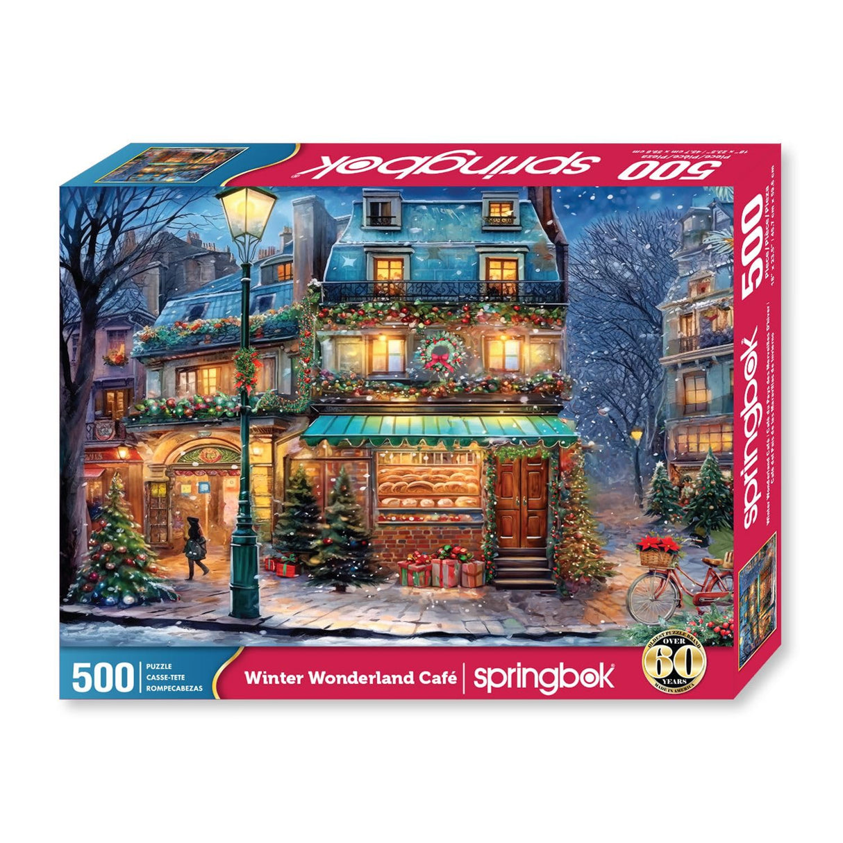 Springbok's Winter Wonderland Cafe 500 Piece Jigsaw Puzzle is a Picturesque Holiday Scene of a Cosy Cafe in The City Springbok