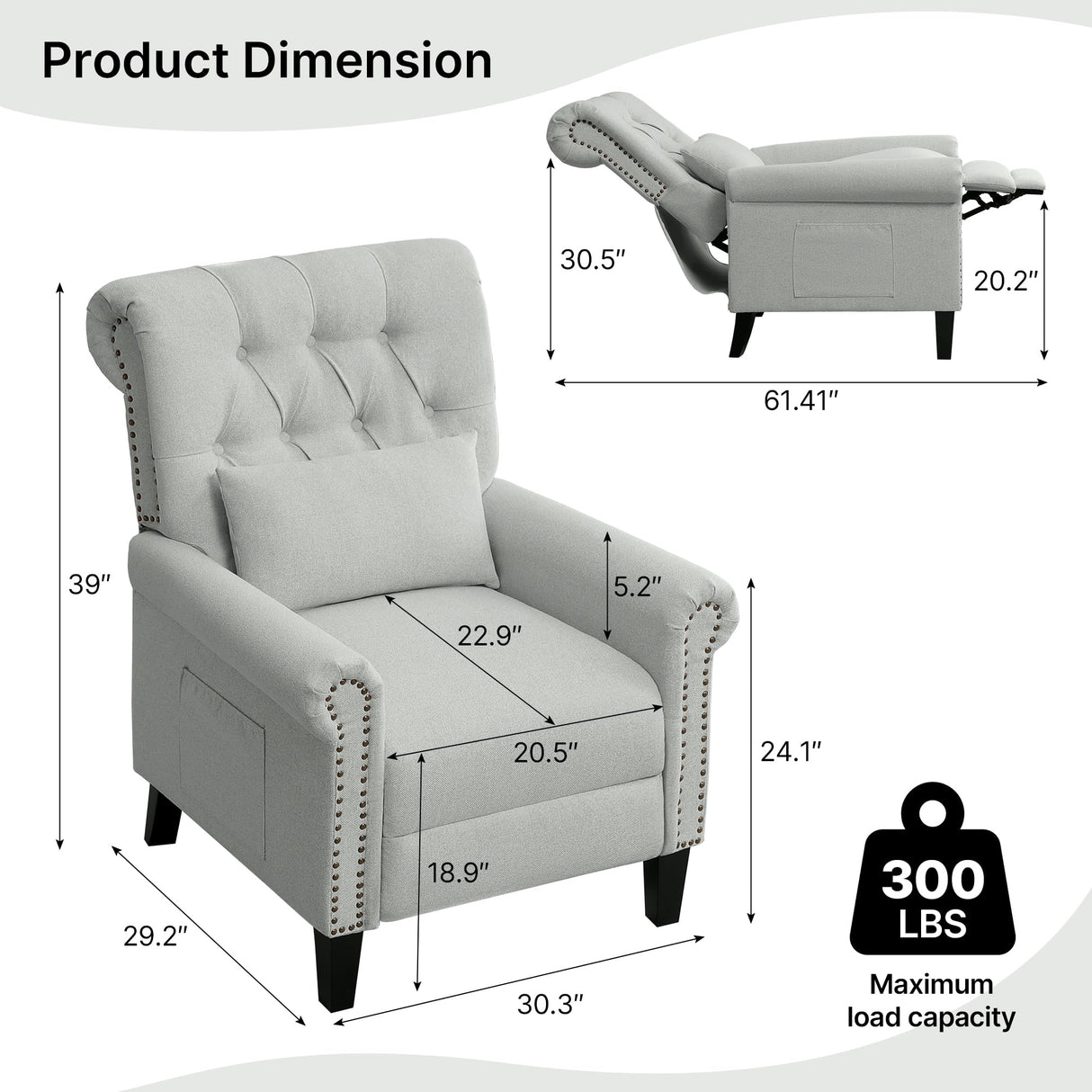 choairy Pushback Recliner Chair, Accent Push Back Chair with Adjustable Footrest Wingback, Upholstered Linen Fabric Reclining Sofa with Side Pocket, Comfy Modern Armchair for Living Room, Light Grey choairy