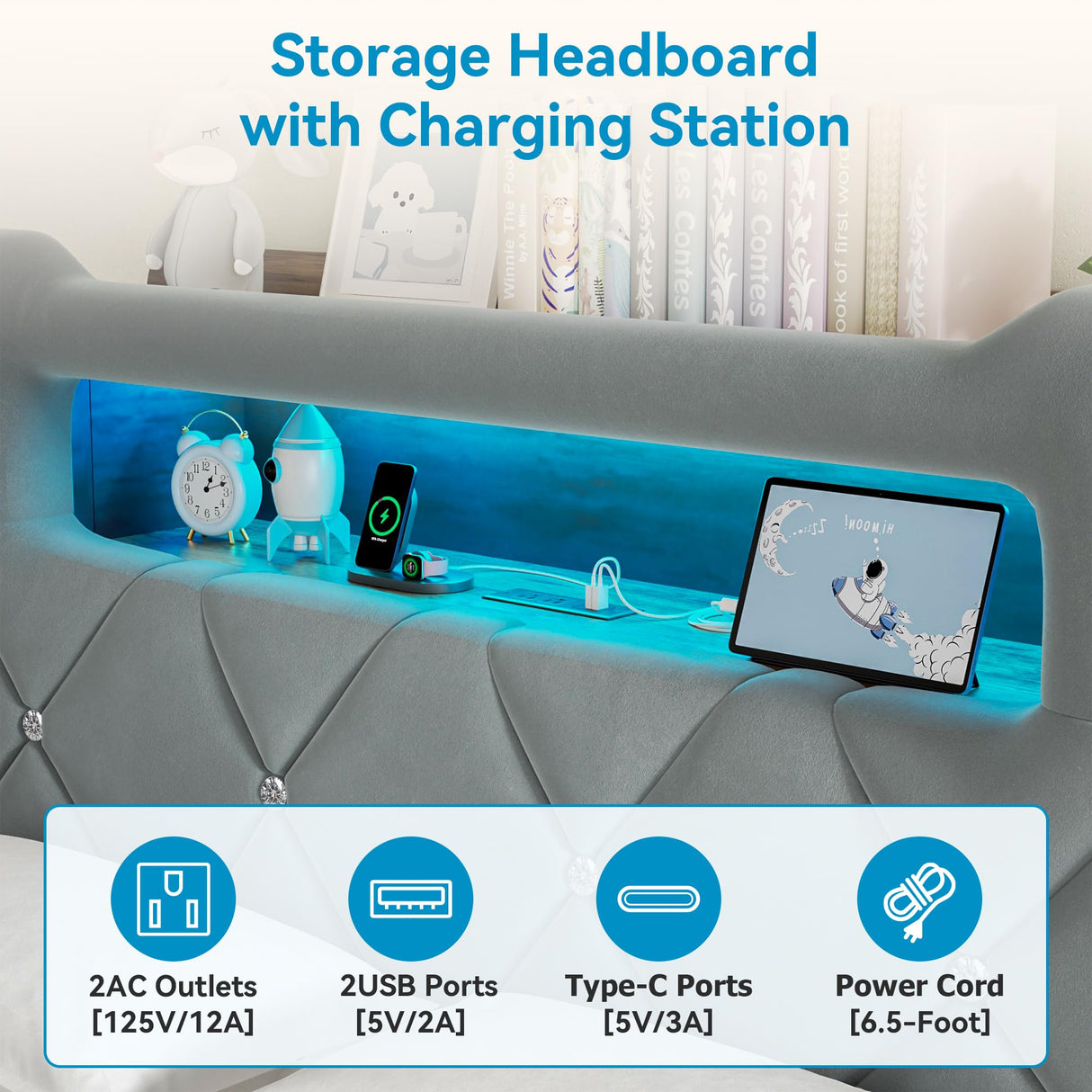 Jocoevol Queen Upholstered LED Bed Frame with 2 Storage Drawers and 2-Tier Storage Headboard, Velvet Platform Bed with Charging Station & Bookcase, Corner Bed Frame, Heavy Duty Metal Support, Grey Jocoevol