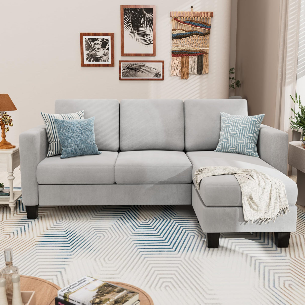 YESHOMY Convertible Sectional Small Sofa L-Shaped Couch Seat with Modern Linen Fabric, for Living Room, Apartment,Study and Office, 70", Light Gray YESHOMY