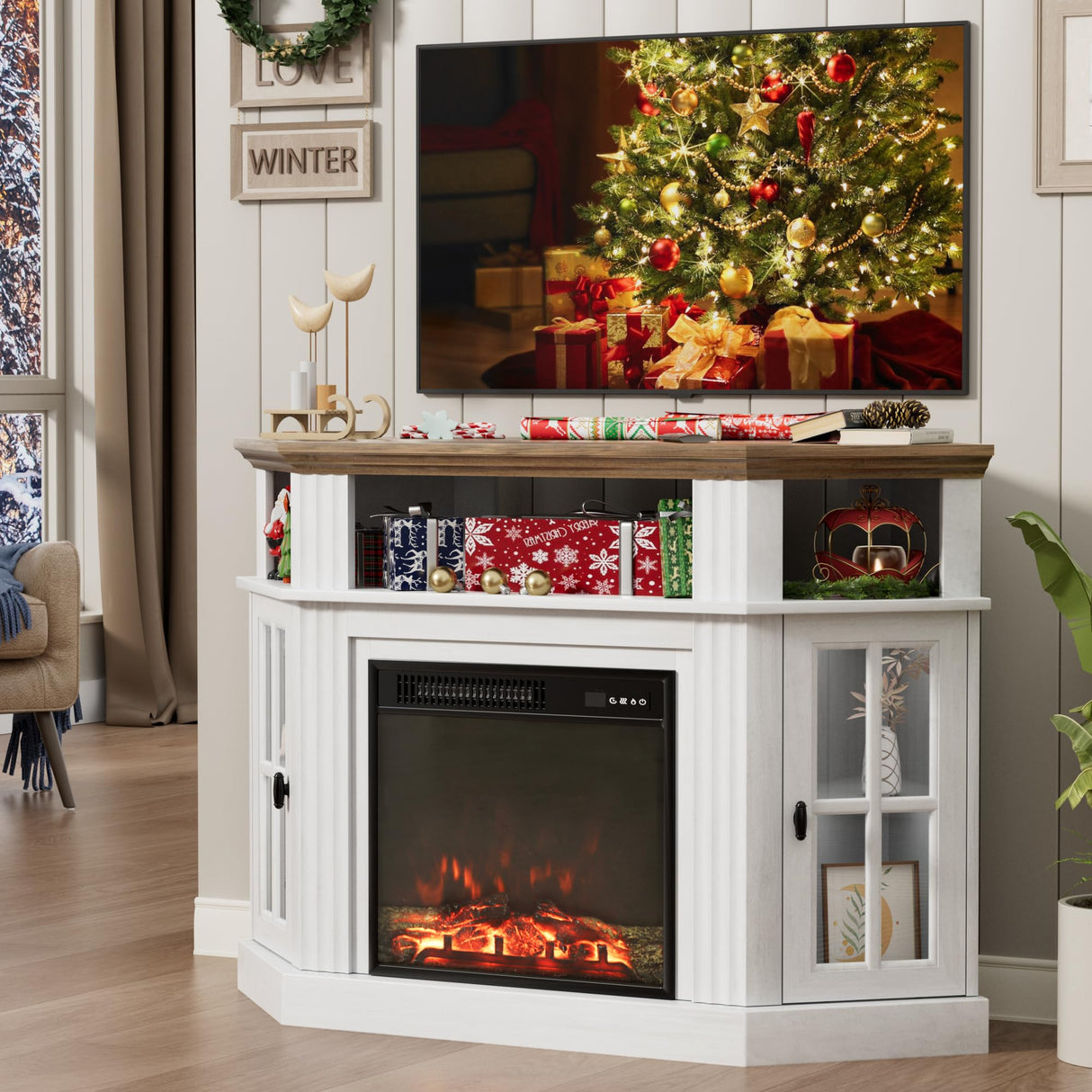 Flamaker Fireplace Corner TV Stand for TVs up to 55 Inch, Entertainment Center with 18" Fireplace, TV Console Table with Glass Door Storage Cabinet and Open Shelf (White) Flamaker