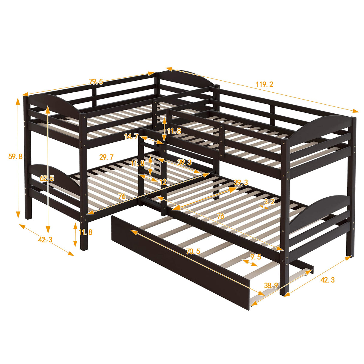 CITYLIGHT Twin-Over-Twin Quad Bunk Beds for 4, L-Shaped Bunk Bed with Trundle, Corner 4 Bunk Beds for Kids, Teens, Espresso CITYLIGHT