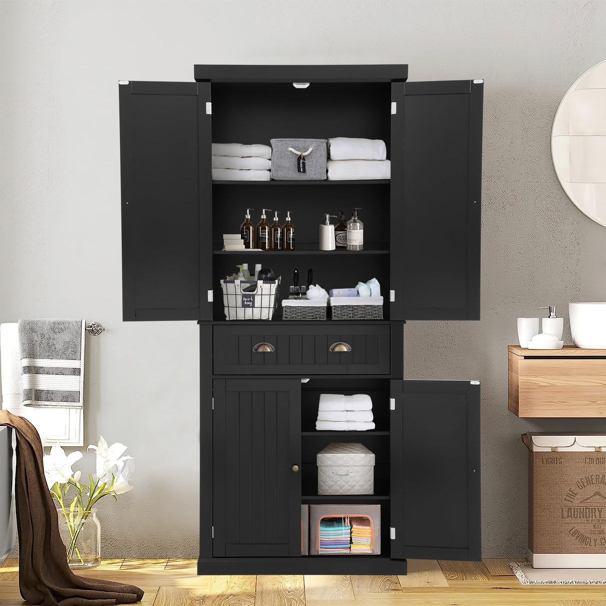 YOCONYO 72" Kitchen Pantry Cabinet, Freestanding Storage Cabinet with 4 Doors, Adjustable Shelves for Kitchen, Living Room and Dinning Room,Black YOCONYO