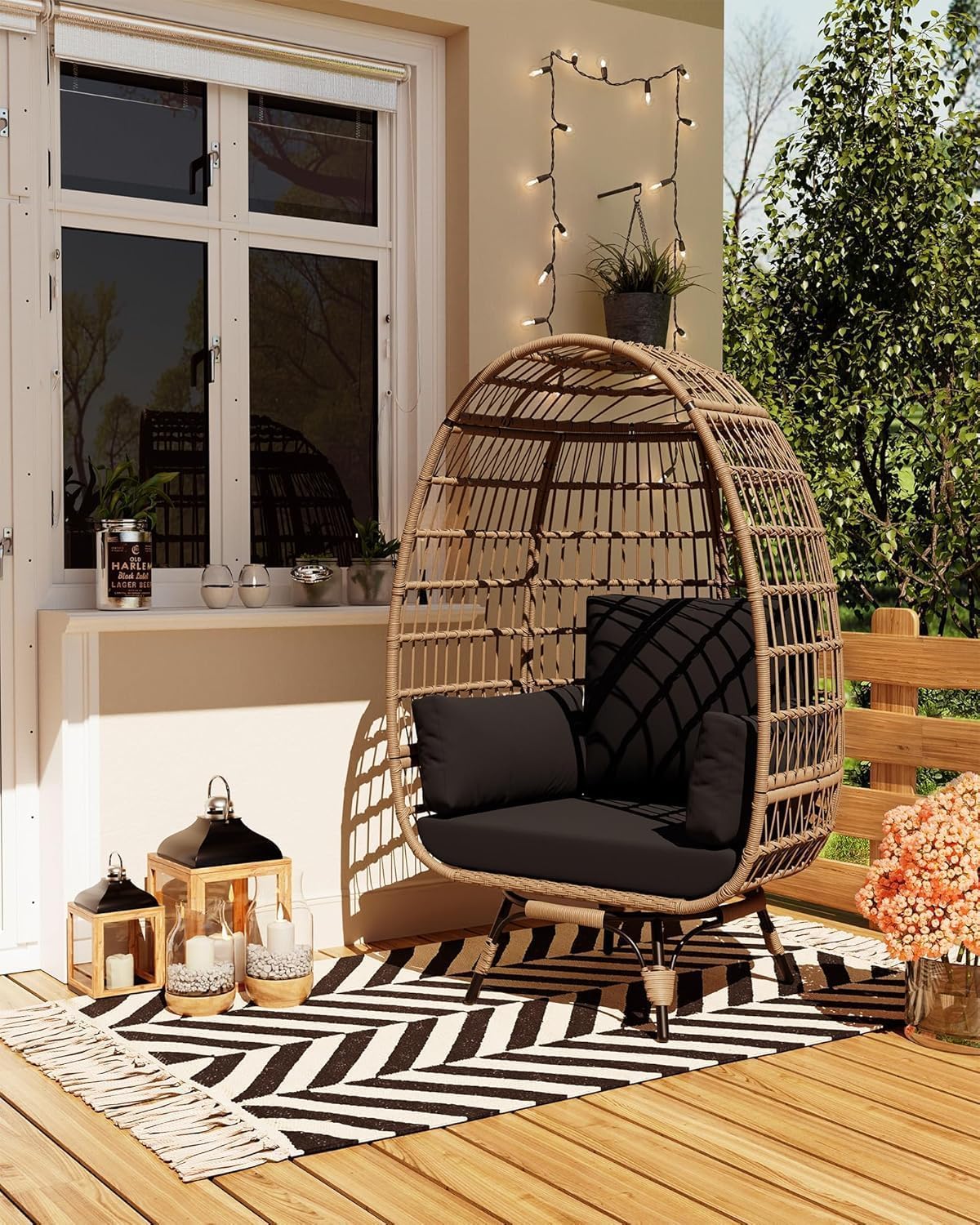 Tioutbot 360° Swivel Egg Chair, Oversized Patio Rotating Basket Chair, Steel Frame and Metal Base, Waterproof, PE Rattan Lounge Chair for Indoor & Outdoor, Porch, Living Room, Backyard, Black Tioutbot