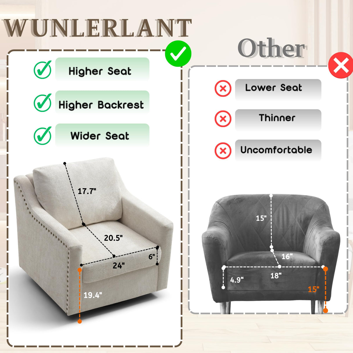 Oversized Swivel Accent Chair,Chenille Fabric Large Comfy Reading Chairs,Mid Century Modern Living Room Chair,Wide Arm Chair with Thick Soft Cushion,Single Sofa Chair for Living Room,Bedroom Wunlerlant
