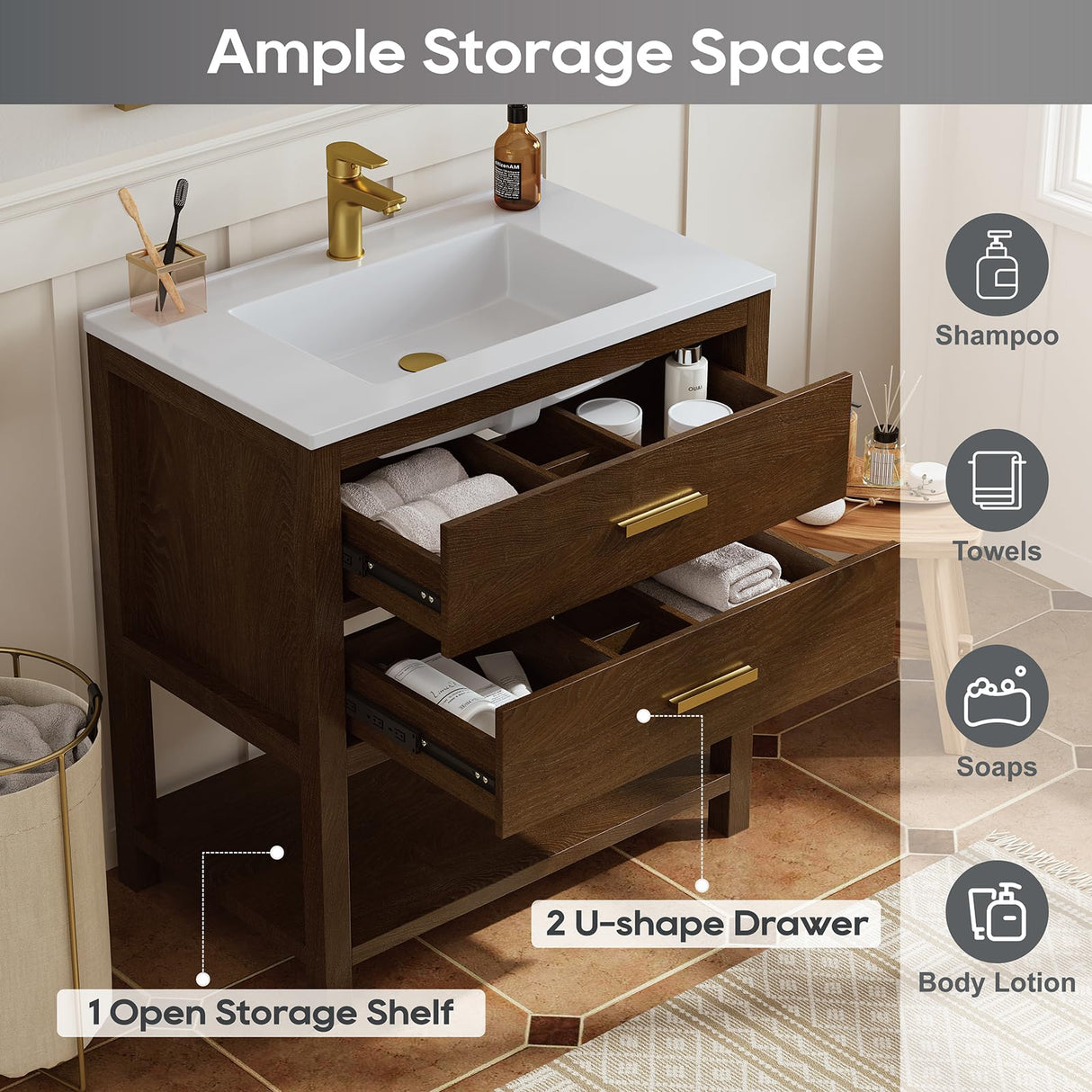 DELUXE LIVING 30 Inch Bathroom Vanity with Sink, Farmhouse Storage Cabinet with Drawers & Open Storage Shelf, Easy Assembly, Adjustable Feet, Walnut DELUXE LIVING