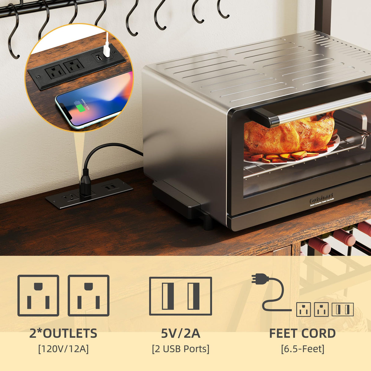 DWVO Bakers Rack Microwave Stand Cabinet with Large Storage Drawer and Power Outlet, 47 Inches Farmhouse Kitchen Tall Thickened Coffee Bar Table with Wine Shelf Rustic Brown DWVO