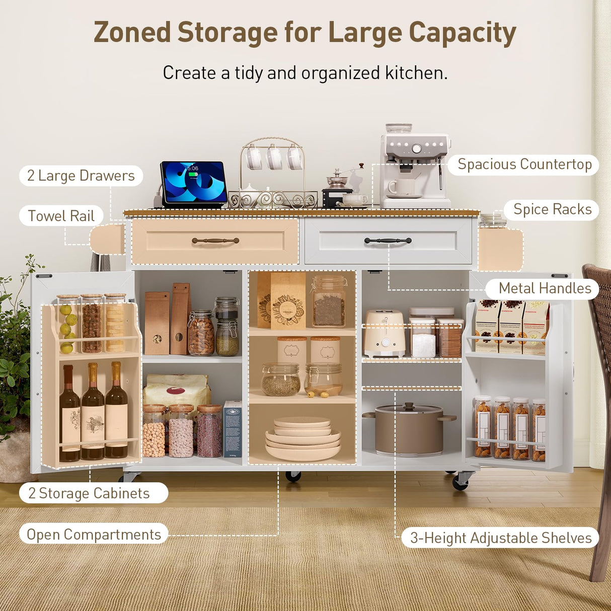 RALGEND Kitchen Island with Power Outlets & Drop Leaf, Kitchen Cart with Storage, Drawer and Spice Rack, Tower Rack, Island Table, White and Walnut RALGEND