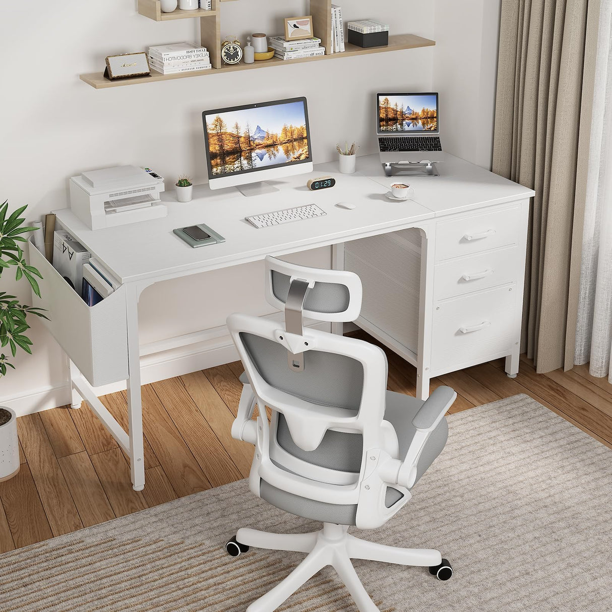 Lufeiya White Computer Desk with Fabric File Drawers Cabinet, 55 Inch Desks with Storage Filing Cabinet for Home Office, Modern Writing Table PC Desks for Bedroom, White Lufeiya