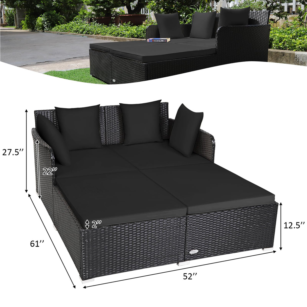 Tangkula Outdoor Rattan Daybed, Wicker Furniture with Spacious Seat, Upholstered Cushion & High-Resilience Sponge, Patio Sofa Set with 4 Pillows, 2-Person Sunbed for Poolside Backyard Garden & Balcony Tangkula
