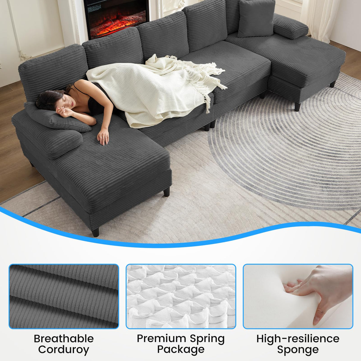 Mjkone 112" Width 4 Seater Sectional Sofa Couches for Living Room, U Shaped Sofa Couch with Double Chaises, Corduroy Living Room Sets Furniture with 2 Extra Pillows for Home Office, Dark Grey Mjkone