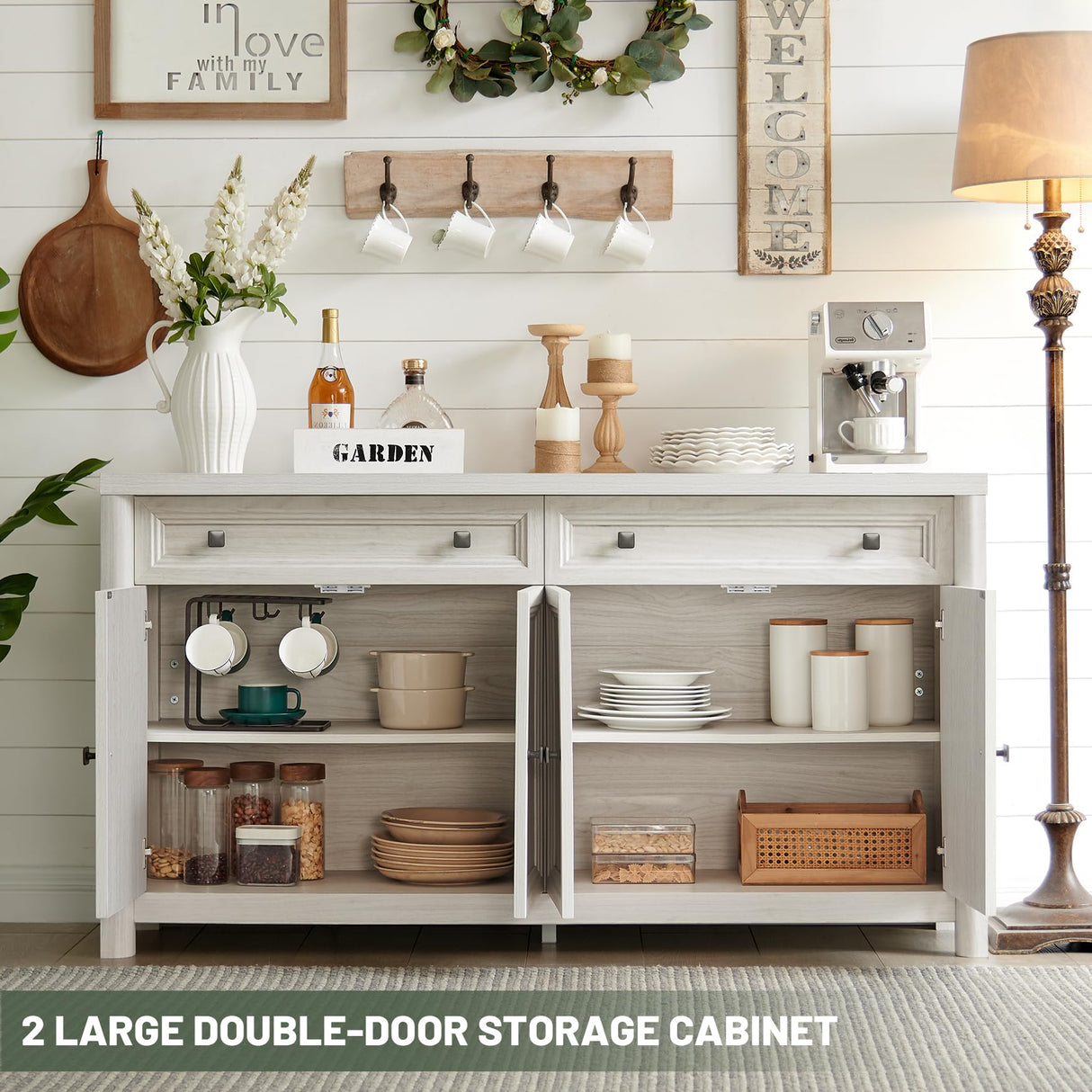 Standifurno Farmhouse Sideboard Buffet with Drawers, 59" Large Credenza Storage Cabinet with Shelves & 4 Doors, Wood Rustic Kitchen Coffee Bar Console for Living Room, White Standifurno