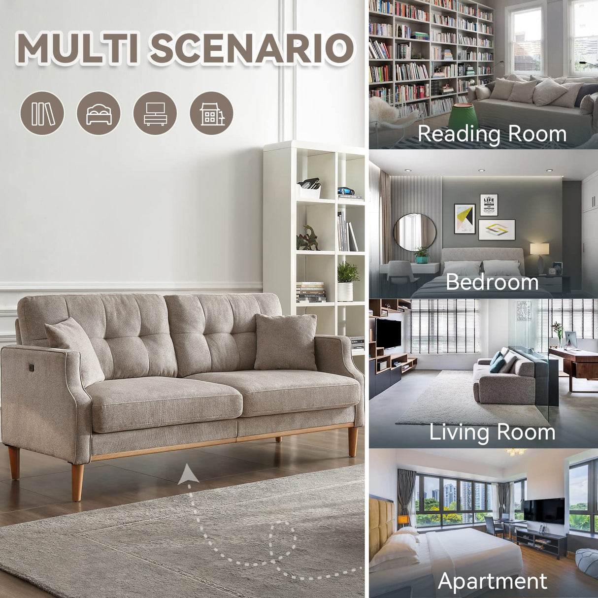 Plococo 70" Sofa, Mid Century Modern 3 Seat Sofa Couch, Comfort Experience Loveseat with Thick Cushions,Waterproof Fabric and USB Port, Beige Grey Plococo