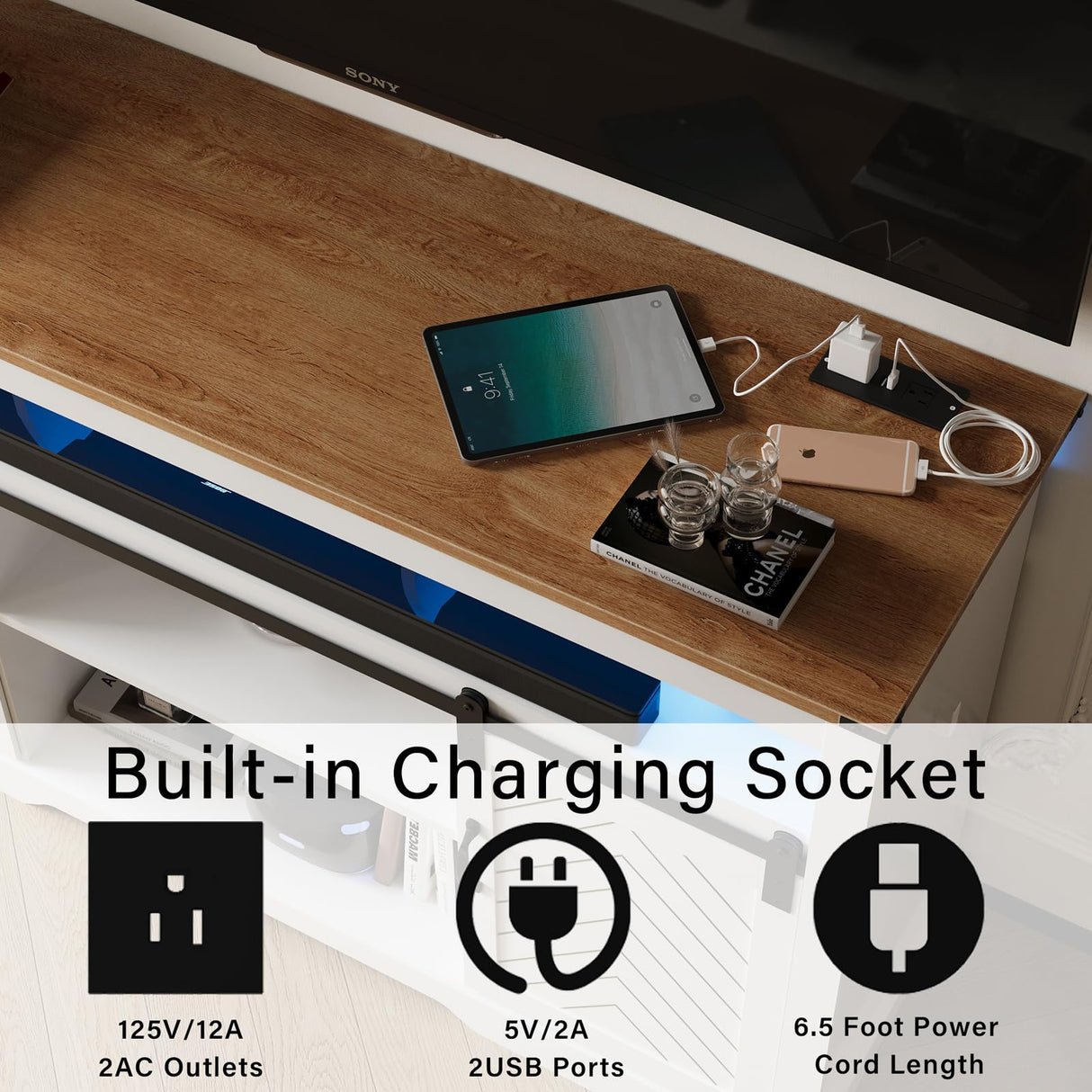 amzzar 58” Wooden Farmhouse TV Stand for 65 inch TV, Rustic Tall Entertainment Center with Power Outlets and Sliding Barn Door, TV Console Cabinet with Storage for Living Room, White, Large amzzar